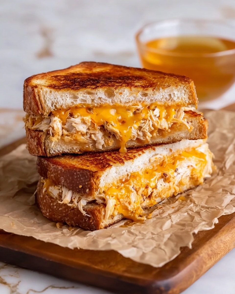 Two halves of a toasted sandwich stacked on top of each other sit on crumpled brown parchment paper over a wooden board. Each sandwich half shows three layers: the outer layers are golden brown toasted bread with a crispy texture, the middle layer is melted bright orange cheese oozing slightly, and just below the cheese is a layer of shredded light brown chicken. In the background, a clear small bowl holds golden honey, all placed on a white marbled surface. Photo taken with an iphone --ar 4:5 --v 7