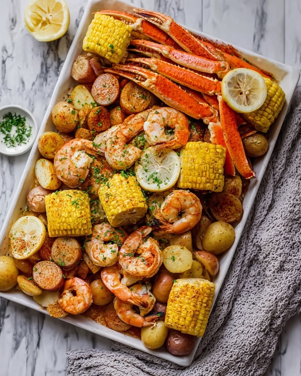 A white rectangular tray filled with layers of food starting from the bottom with small round potatoes and pieces of sausage in brown tones, then topped with bright yellow corn cut into thick rounds, and orange crab legs placed near the center. Over these are many pinkish-orange shrimp scattered all over, sprinkled with green herb flakes and a dusting of reddish spice. Halved lemon slices with yellow flesh are placed on top and around the seafood. The tray rests on a white marbled surface, with a textured light grey cloth to the right side. photo taken with an iphone --ar 4:5 --v 7