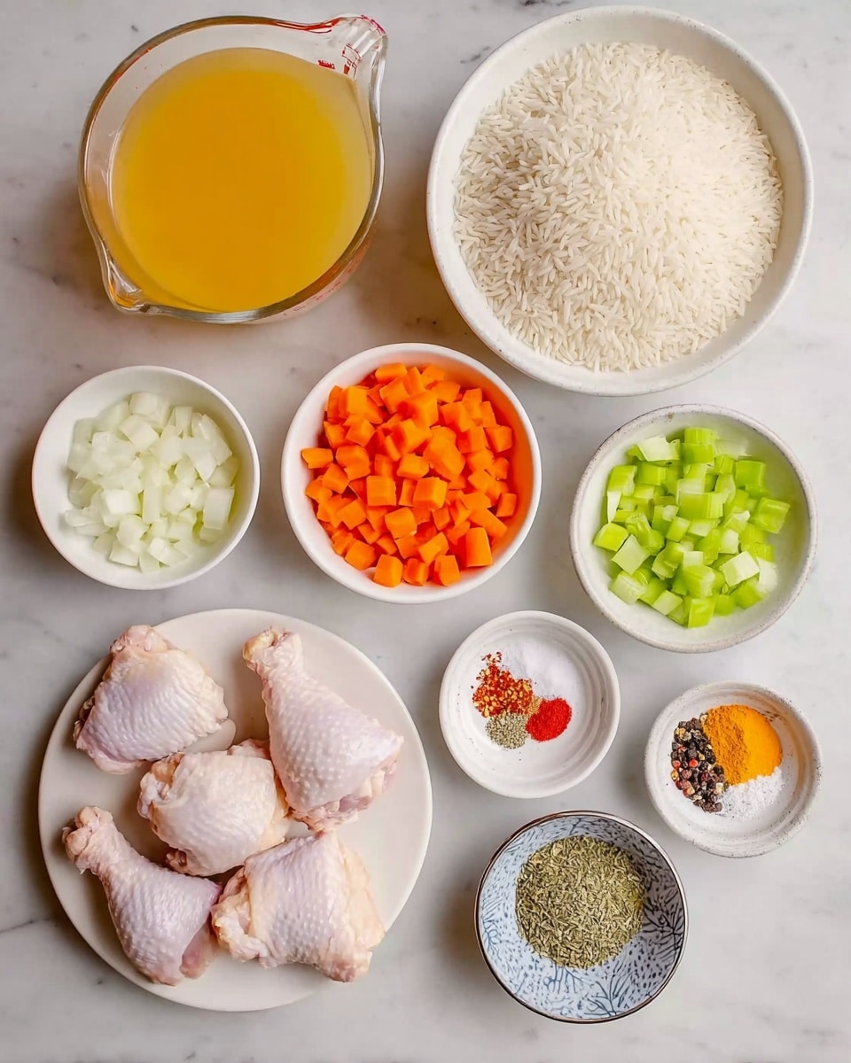 A white marbled surface holds nine containers arranged neatly. At the top left, there is a clear glass measuring cup filled with golden yellow chicken broth. To its right, a white bowl is filled with long white rice grains. Below the broth, a white bowl contains bright orange diced carrots, and next to it, a smaller white bowl has small diced white onions. Below these, another white bowl contains green diced celery. In the center right, two small white bowls hold an array of spices: one with salt, red chili flakes, black pepper, and garlic powder, and the other with black pepper, paprika, and a yellow spice, possibly turmeric. Finally, a small patterned bowl at the bottom right holds dried green herbs. At the bottom left, a white plate carries four raw chicken thighs with pale pink skin. The scene is calm and organized, with all ingredients ready to cook, photo taken with an iphone --ar 4:5 --v 7