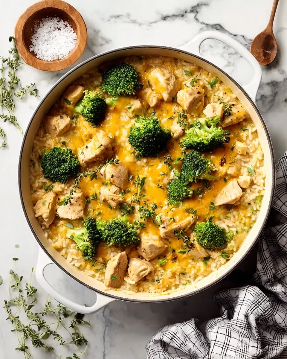 A white cooking pot filled with a layered dish is shown from above on a white marbled surface with a checked cloth on the right side. The bottom layer is creamy rice with a soft texture, topped with chunks of cooked light brown chicken evenly spread throughout. Bright green broccoli florets are placed on top in a balanced way. The top layer is melted orange cheese melting over the chicken and broccoli. Small green herb sprigs are sprinkled over the cheese. To the left, there is a small wooden bowl with coarse white salt and fresh green herb sprigs nearby. The photo was taken with an iphone --ar 4:5 --v 7