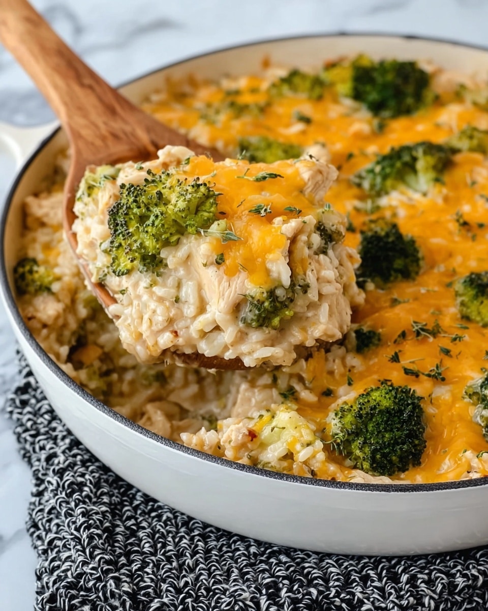 A white bowl filled with a creamy dish showing three main layers: soft white rice mixed with small pieces of light tan chicken on the bottom, bright green broccoli florets scattered throughout the middle, and melted orange cheese draped over the top in patches, garnished with small green herb leaves. A woman's hand holds a fork lifting a bite that includes rice, broccoli, chicken, and cheese above the bowl, with a white marbled surface under the bowl and some fresh herbs nearby. photo taken with an iphone --ar 4:5 --v 7