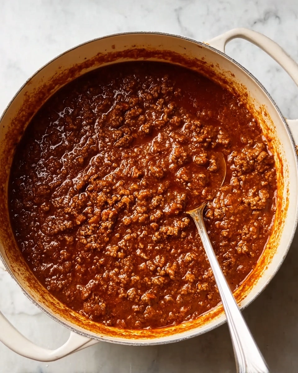 A large white pot filled with thick, rich brown meat sauce that has small chunks of ground meat throughout, sitting on a white marbled surface; the inside edges of the pot are stained with sauce, showing a textured, slightly oily surface, and a long silver spoon resting inside the pot with its handle extending outwards; the sauce looks hearty and dense with a glossy finish photo taken with an iphone --ar 4:5 --v 7