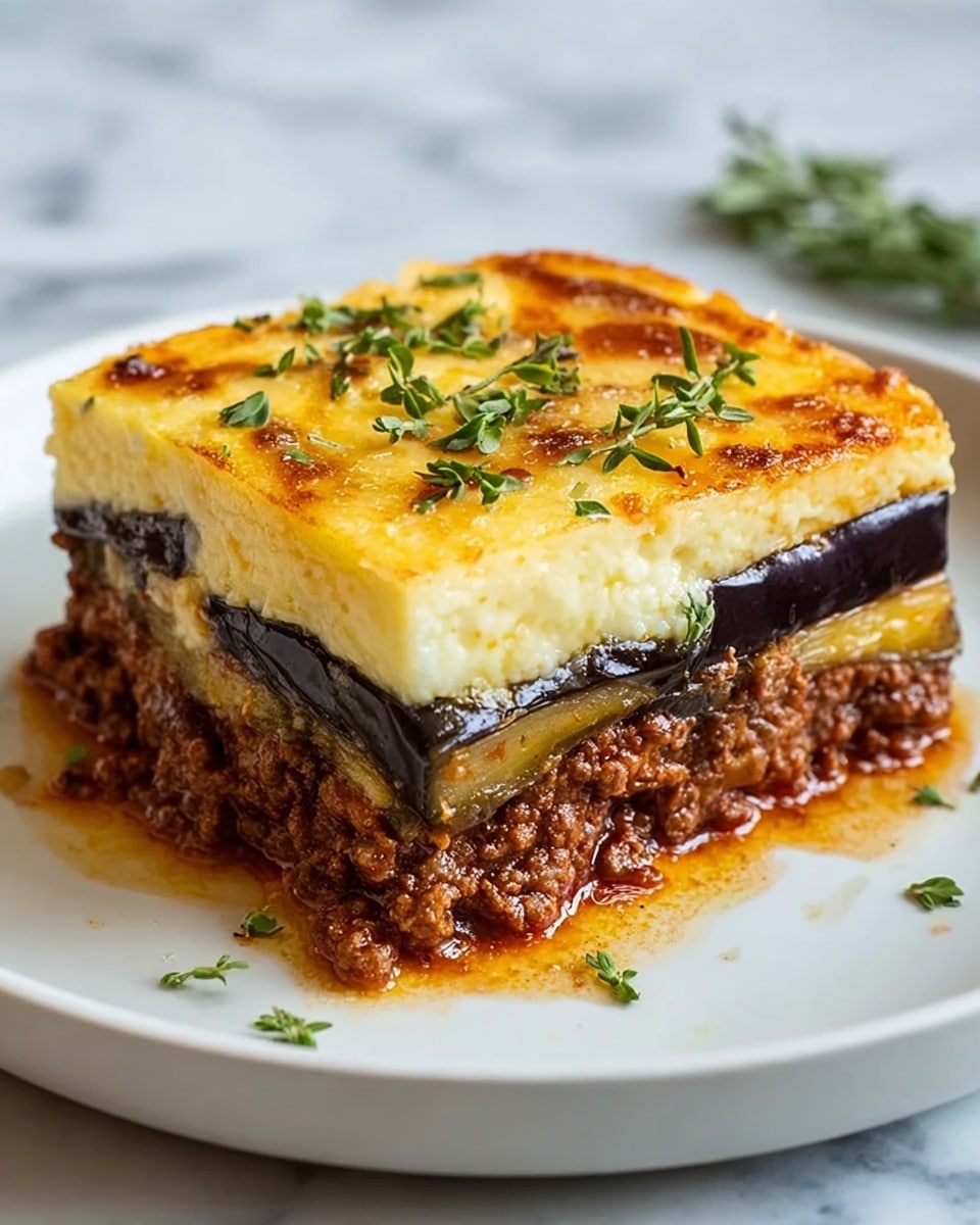 A thick slice of layered moussaka sits on a white plate, placed on a white marbled surface. The bottom layer is rich, dark brown minced meat sauce with a slightly oily texture, oozing at the edges. Above it lies a pale yellow, slightly firm pasta or potato layer, topped by a thick, dark purple layer of roasted eggplant. The topmost layer is a golden, bubbly cheese or creamy béchamel sauce garnished with small fresh green herb sprigs scattered across the surface. The light contrasts softly with the textures, giving a warm and inviting look. Photo taken with an iphone --ar 4:5 --v 7