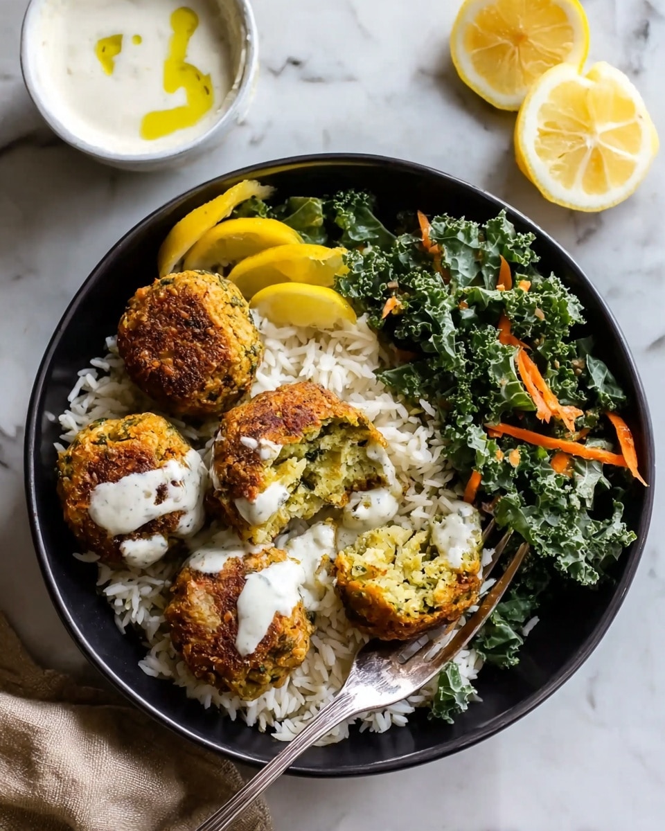 A black bowl filled with a bed of white rice at the bottom, topped with a drizzle of white creamy sauce scattered over the rice. Four golden-brown falafel balls rest on the rice, one falafel is broken open to show a light green and yellow crumbly interior. Three yellow lemon slices lean against the edge of the bowl on the left side. On the right side, there is a fresh green kale salad mixed with thin orange carrot strips. A silver fork lies inside the bowl on the left side, touching one falafel. In the top left corner outside the bowl, there is a small white bowl with a creamy white sauce topped with a splash of olive oil, and two lemon wedges are nearby on a white marbled surface. photo taken with an iphone --ar 4:5 --v 7