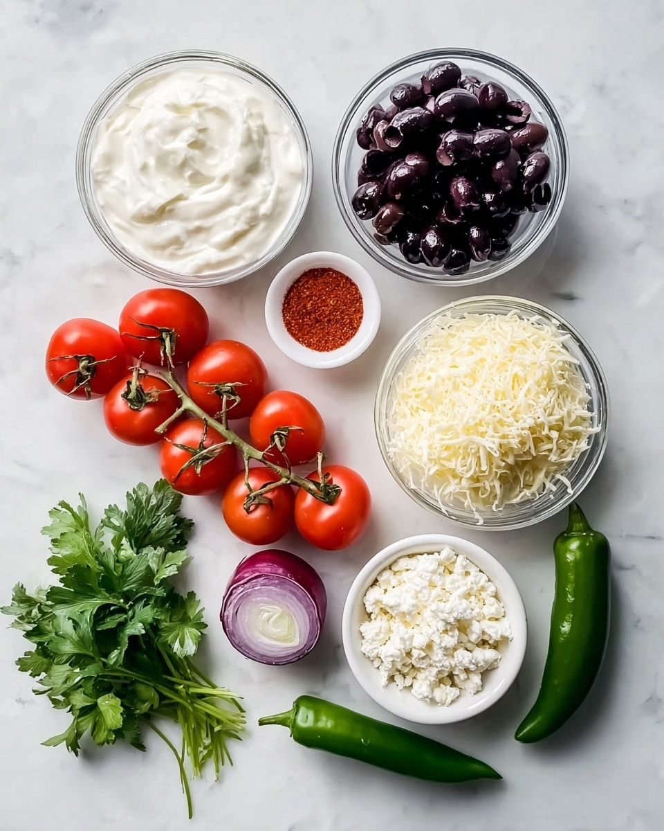 The image shows an overhead view of various fresh ingredients neatly arranged on a white marbled surface. There are two clear small bowls filled with white creamy yogurt placed side by side on the left. Above them are a white bowl with dark black olives and another white bowl with grated white cheese. Near the center is a small white bowl with a pile of red powder spice. A bunch of bright red tomatoes on the vine sits below these bowls. On the right, there is a small white bowl filled with white crumbly cheese. Next to it are a green chili, a smaller green chili, a small red onion, and a bunch of fresh green parsley leaves. The arrangement is tidy and colorful, each ingredient clearly visible and separate photo taken with an iphone --ar 4:5 --v 7