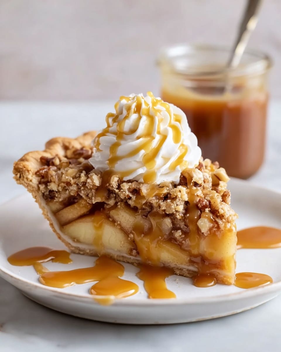 A slice of apple pie is shown on a white plate with a white marbled surface. The bottom layer is a light golden crust that holds thick, soft apple slices soaked in syrup. On top of the apples is a crumbly, textured layer with pieces of nuts mixed in. A swirl of white whipped cream is placed on the crumbly top and drizzled with golden caramel sauce that flows over the sides and onto the plate. In the background, there is a small glass jar with more caramel sauce and a spoon inside. photo taken with an iphone --ar 4:5 --v 7