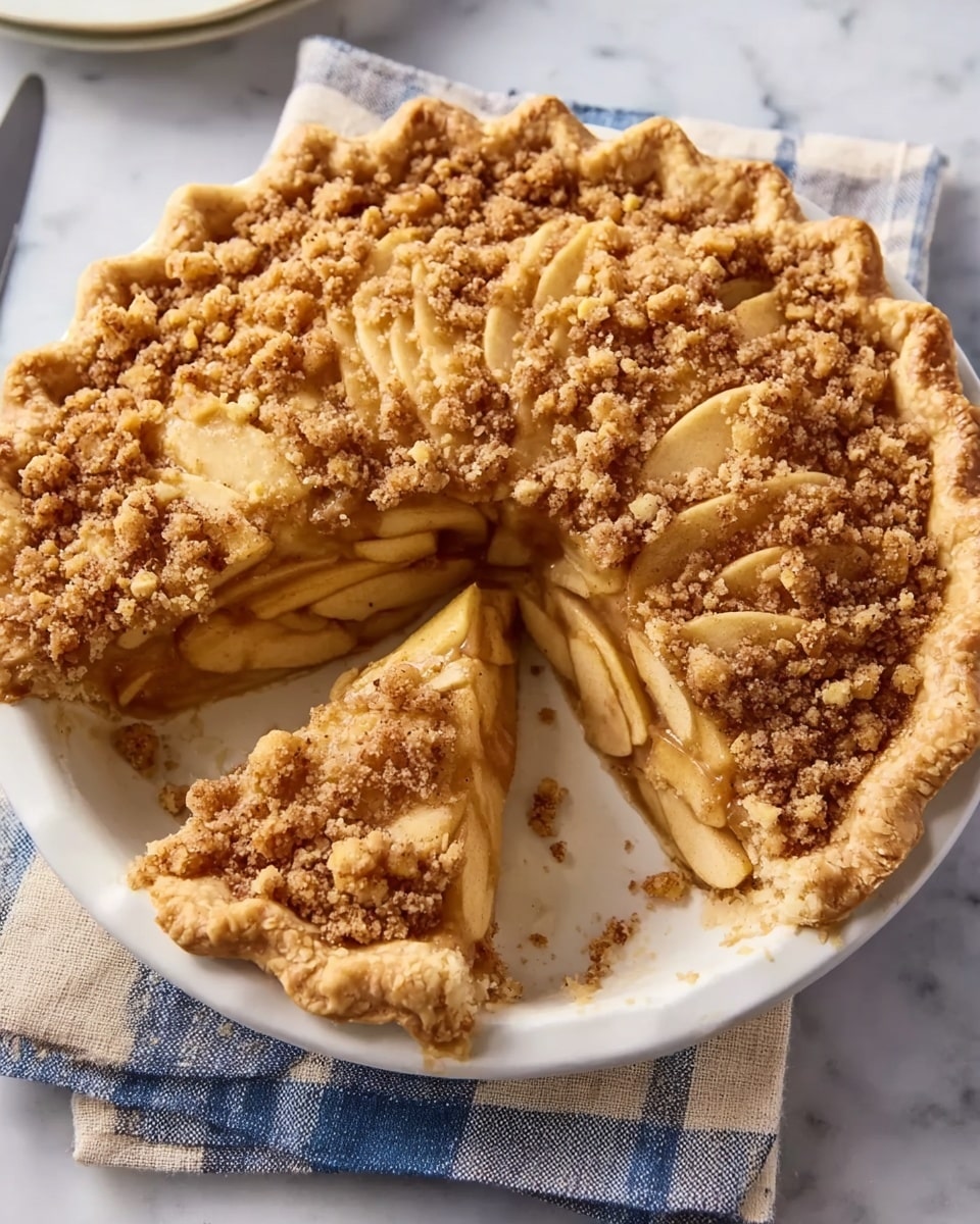 A white plate holds a round apple pie with a crumbly, golden-brown top layer made of small nut and sugar clusters mixed with cinnamon. Underneath this top layer is a thick filling of sliced, light tan apples stacked neatly in the center of the pie. The bottom crust is baked light brown and flaky, with a slightly crimped edge all around. One slice is removed from the pie, showing the layered apple filling and crumb topping inside. The plate rests on a blue and beige checkered cloth, all set on a white marbled surface with a knife nearby. Photo taken with an iphone --ar 4:5 --v 7