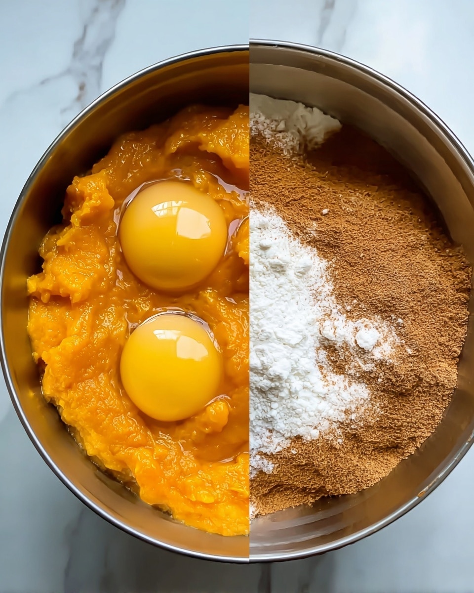 The image shows two close-up views inside a round silver mixing bowl placed on a white marbled surface; the left side has a bright orange pumpkin puree base with two raw eggs sitting on top, shiny and smooth with visible yolks and clear egg whites, while the right side shows dry ingredients including light brown cinnamon powder and white flour sprinkled over a shiny, golden liquid, creating a textured contrast. photo taken with an iphone --ar 4:5 --v 7