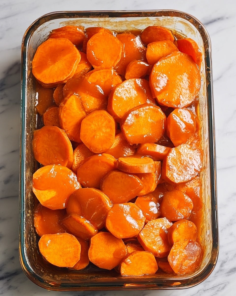 The image shows a clear glass baking dish filled with thick slices of orange sweet potatoes arranged in layers. The sweet potato slices vary in size and shape, some round and others slightly oblong, coated with a shiny, glossy brown sauce that covers each piece evenly. The dish is placed on a white marbled surface, and the sauce adds a smooth texture over the colorful layers of sweet potato, making them look moist and tender. Photo taken with an iphone --ar 4:5 --v 7