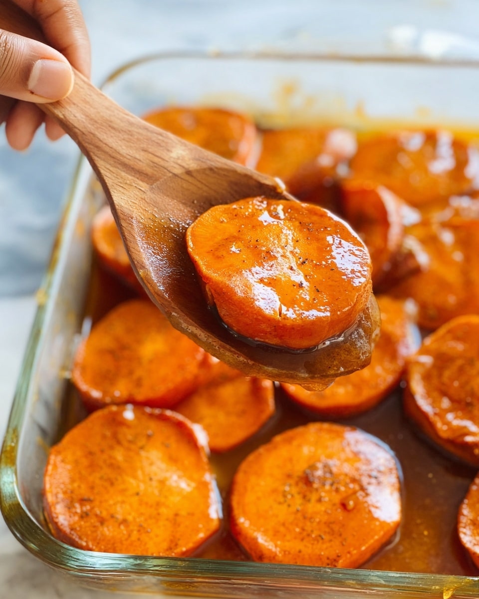 A close-up of a wooden spoon holding three thick, round slices of orange sweet potatoes, coated in a shiny, sticky sauce with visible specks of cinnamon or spices. The sweet potatoes look soft and glazed, with a warm golden orange color. In the background, more slices of sweet potatoes are visible in a clear glass baking dish filled with the same sauce. A woman's hand holds the wooden spoon over the dish, all set on a white marbled surface. photo taken with an iphone --ar 4:5 --v 7