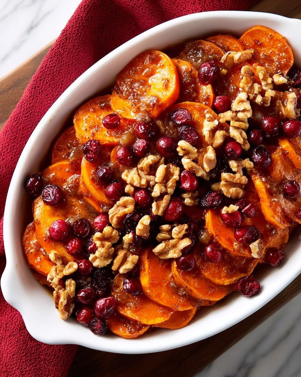 A white oval dish filled with several layers of orange sliced sweet potatoes, with a topping of dark red whole cranberries scattered evenly across. There are also pieces of light brown walnuts sprinkled on top, along with a glossy, sticky brown sauce that coats the sweet potato slices and nuts. The dish is placed on a white marbled surface, and a folded red cloth is partially visible near the dish. photo taken with an iphone --ar 4:5 --v 7