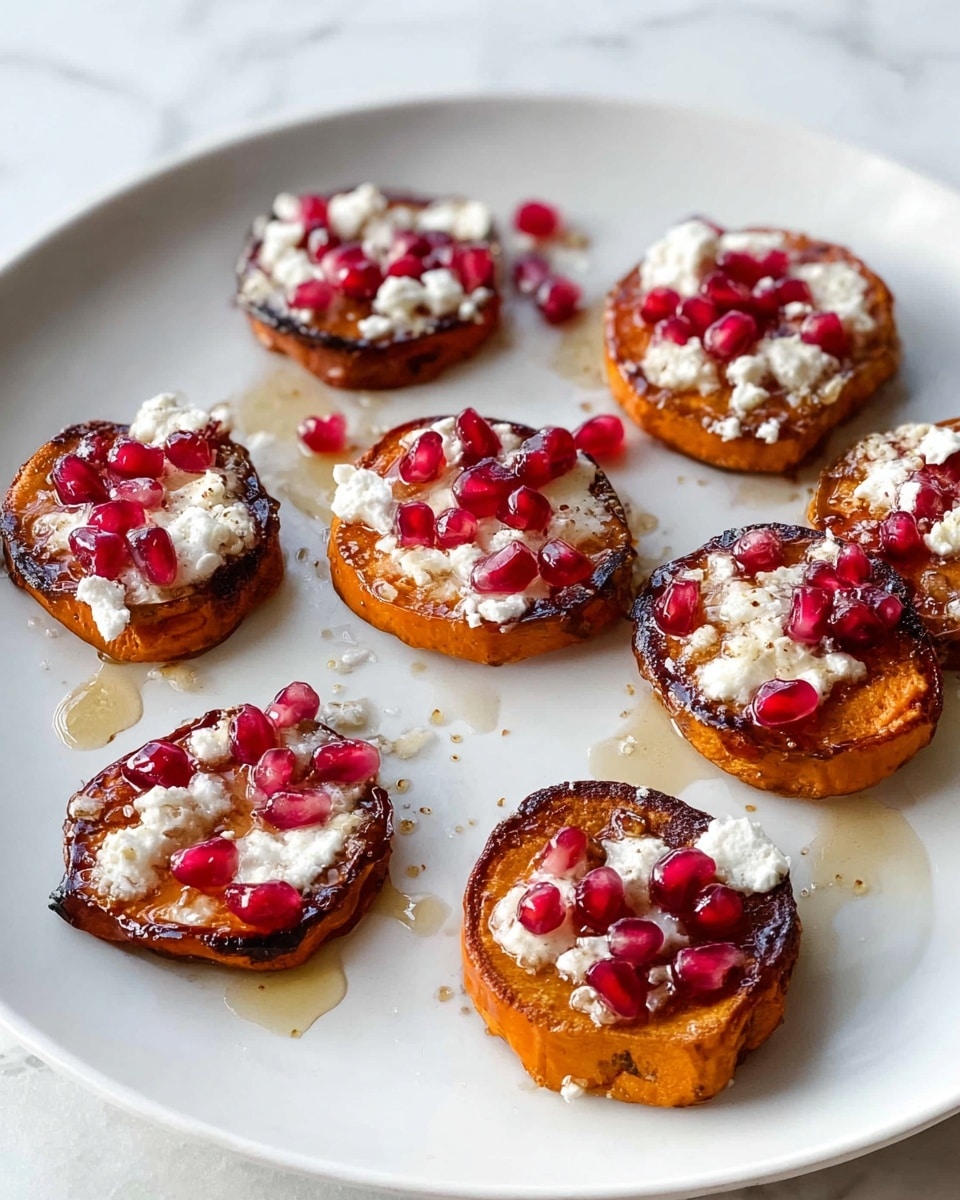 The image shows a white plate set on a white marbled surface with eight round slices of roasted sweet potato arranged spaced apart. Each sweet potato slice is golden to dark brown with a slightly crisp texture and topped with a layer of white crumbly cheese. Scattered over the cheese are bright red pomegranate seeds, adding a pop of color and shine. A light drizzle of honey or syrup glistens on top and around the slices, reflecting the light softly. Small crumbs of cheese are also scattered on the plate, creating a casual, inviting look. Photo taken with an iphone --ar 4:5 --v 7