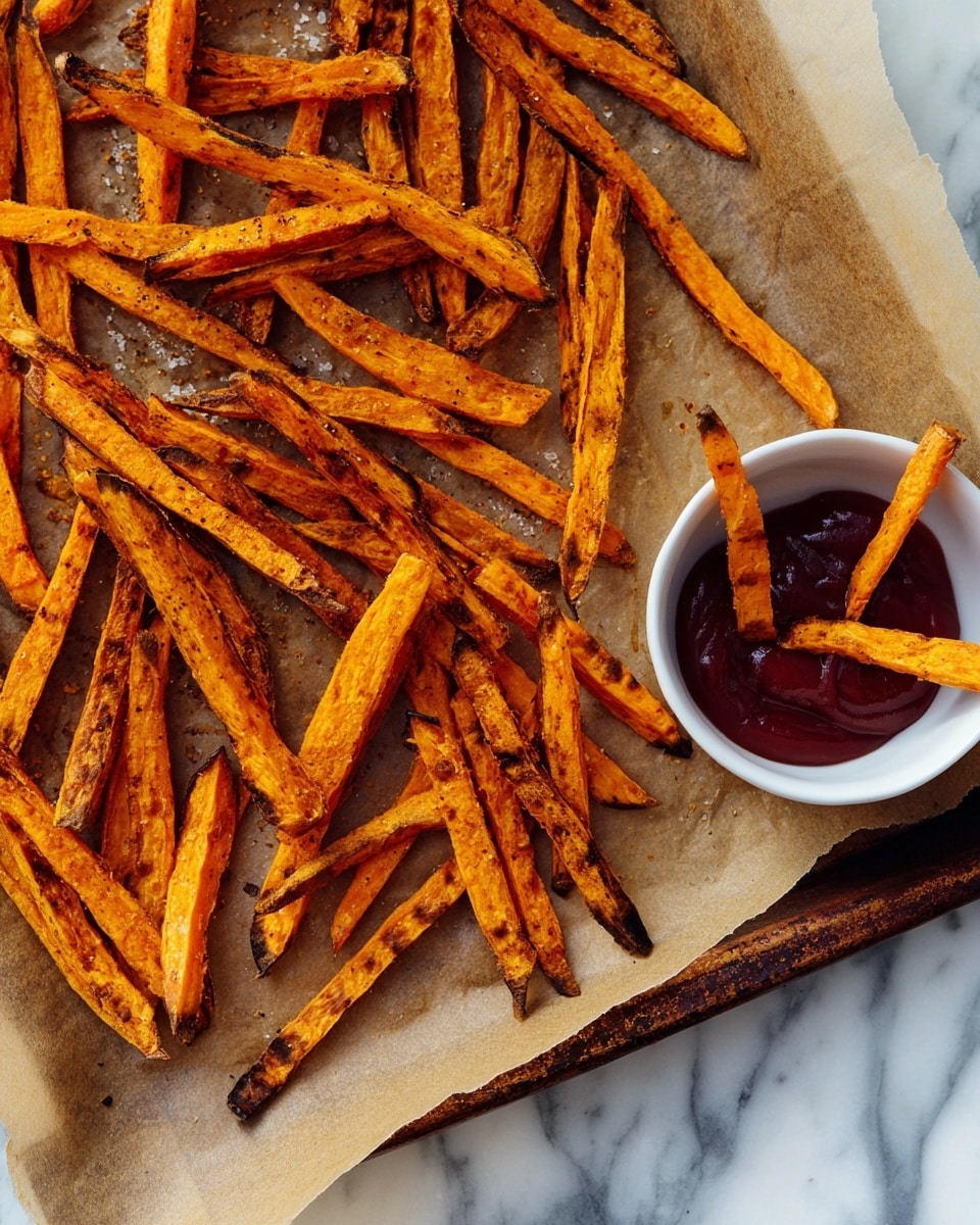 The image shows a baking tray full of orange sweet potato fries with some dark brown charred spots, scattered unevenly across the tray lined with brown parchment paper. At the bottom right corner, a small white bowl filled with dark red ketchup holds two fries dipped inside. The tray sits on a white marbled surface. The fries have a rough texture and vary in length and thickness. photo taken with an iphone --ar 4:5 --v 7