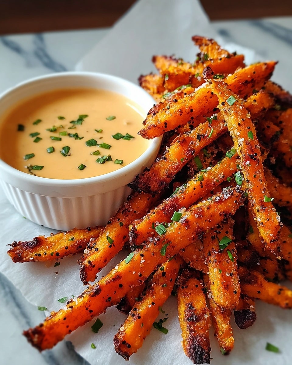 A close-up view of a pile of golden orange sweet potato fries with a crispy texture, showing some charred edges and sprinkled with coarse salt and small pieces of green herbs on top. The fries are stacked unevenly on white parchment paper. On the top right corner, there is a glimpse of a white bowl filled with creamy dipping sauce, garnished with green herbs. The background has a white marbled texture. photo taken with an iphone --ar 4:5 --v 7
