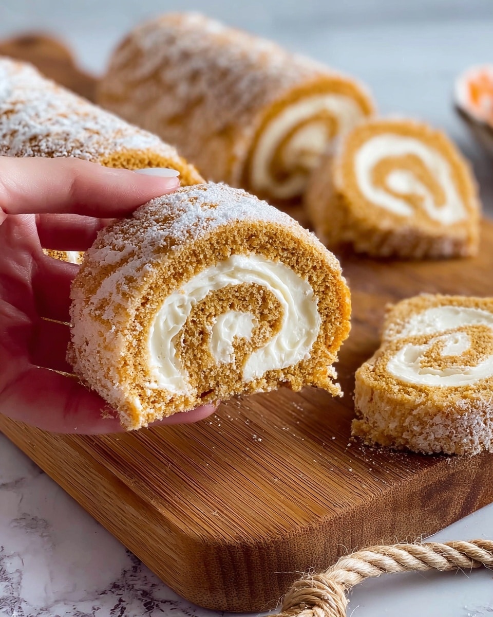 A close-up of a spiral-shaped roll cake being held by a woman's hand, showing one bite taken out. The roll cake has two visible layers: a light brown, soft sponge cake spiraled around a creamy white filling. The texture of the cake looks moist and fluffy, with a slightly rough surface dusted with powdered sugar. Several slices of the same roll cake lie on a wooden cutting board, which has a rope loop attached on one side. The white marbled surface beneath the board adds a clean, bright background. The cake slices are arranged both lying flat and standing upright to show the spiral filling clearly. Photo taken with an iphone --ar 4:5 --v 7