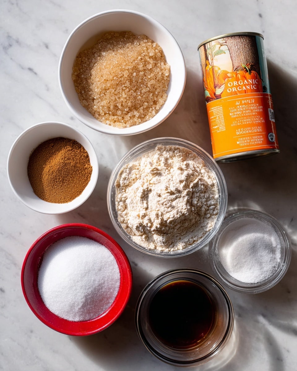 The image shows seven bowls and a can arranged on a white marbled surface. At the top center is a white bowl filled with light brown raw sugar crystals. To its left, a smaller white bowl holds white powder, and below it, a red bowl contains a fine brown powder, likely cinnamon. Positioned centrally is a clear glass bowl filled with a pale beige flour mixture with visible clumps. Below it, a small clear bowl contains white powdered sugar or flour. To the right, a white bowl holds dark amber liquid, probably vanilla extract. On the far right side is a tall tin can with a bright orange label of organic pumpkin. All items are neatly placed with clear details and natural light. photo taken with an iphone --ar 4:5 --v 7