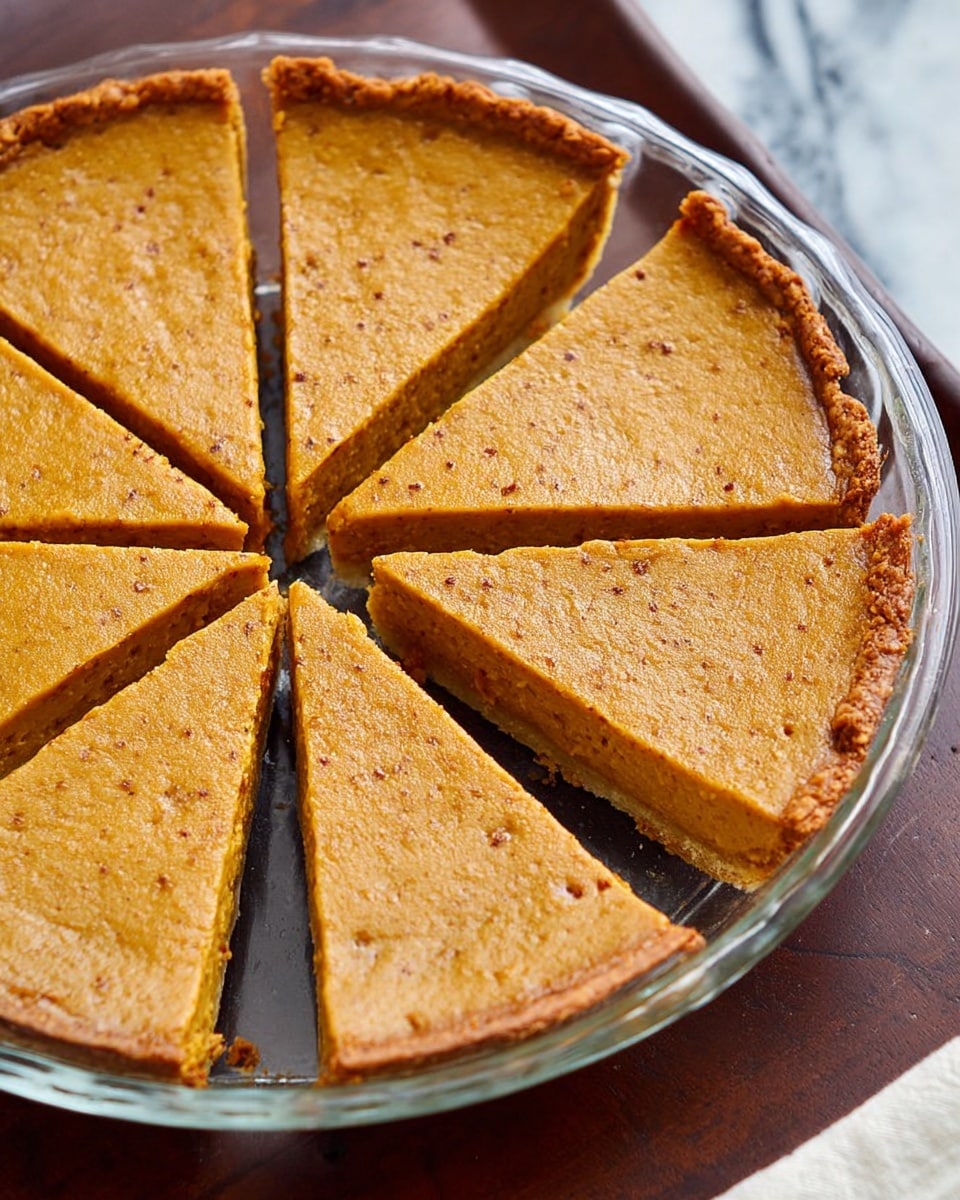 A clear glass pie dish holds a pumpkin pie sliced into eight even pieces, with six slices visible in the image. The pie has a smooth, light orange filling with a slightly speckled texture and a browned, firm crust around the edges. The top surface of the pie is flat with a matte finish, showing tiny crack lines and a golden-brown edge. The dish is placed on a dark wooden surface, against a white marbled background partially visible at the top right corner. Photo taken with an iphone --ar 4:5 --v 7