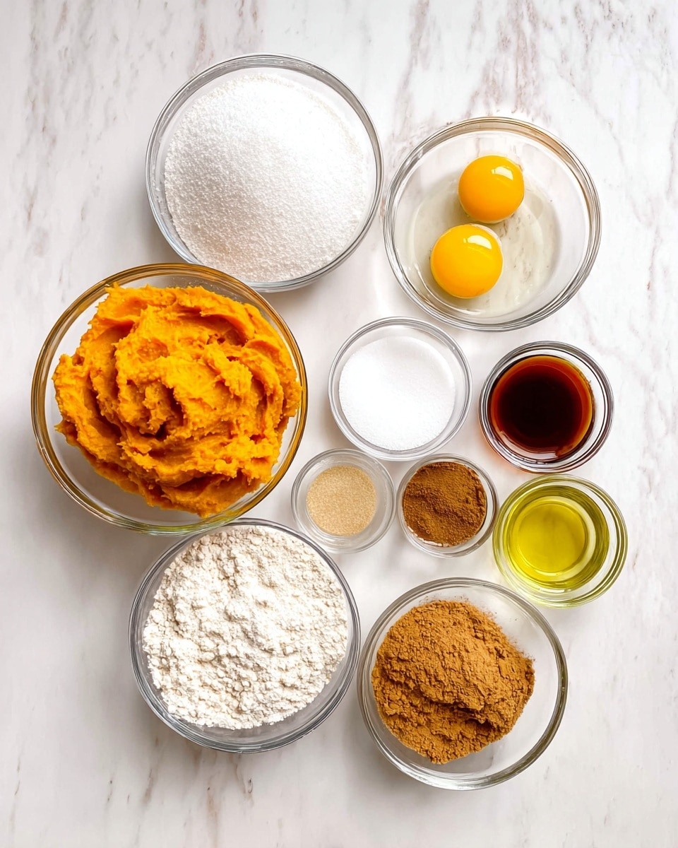 A group of nine clear glass bowls on a white marbled surface, each filled with different ingredients for baking. The largest bowl on the left holds a bright orange pumpkin puree with a thick texture. Next to it, a medium bowl contains two whole raw eggs with bright yellow yolks surrounded by clear whites. Above this, a large bowl is filled with white granulated sugar, smooth and fine. To the left of the sugar, a large bowl has white flour with a soft and powdery texture. Below and to the right of the sugar, a small bowl contains light brown sugar with a moist, crumbly texture. To the right of it, another small bowl holds a clear, golden liquid that looks like vegetable oil. Above these, four small bowls are arranged horizontally: one with salt, one with vanilla extract as a dark brown liquid, one with white baking powder, and the last with ground cinnamon, a fine brown powder. The setup is clean and bright, all on a white marbled background. Photo taken with an iphone --ar 4:5 --v 7