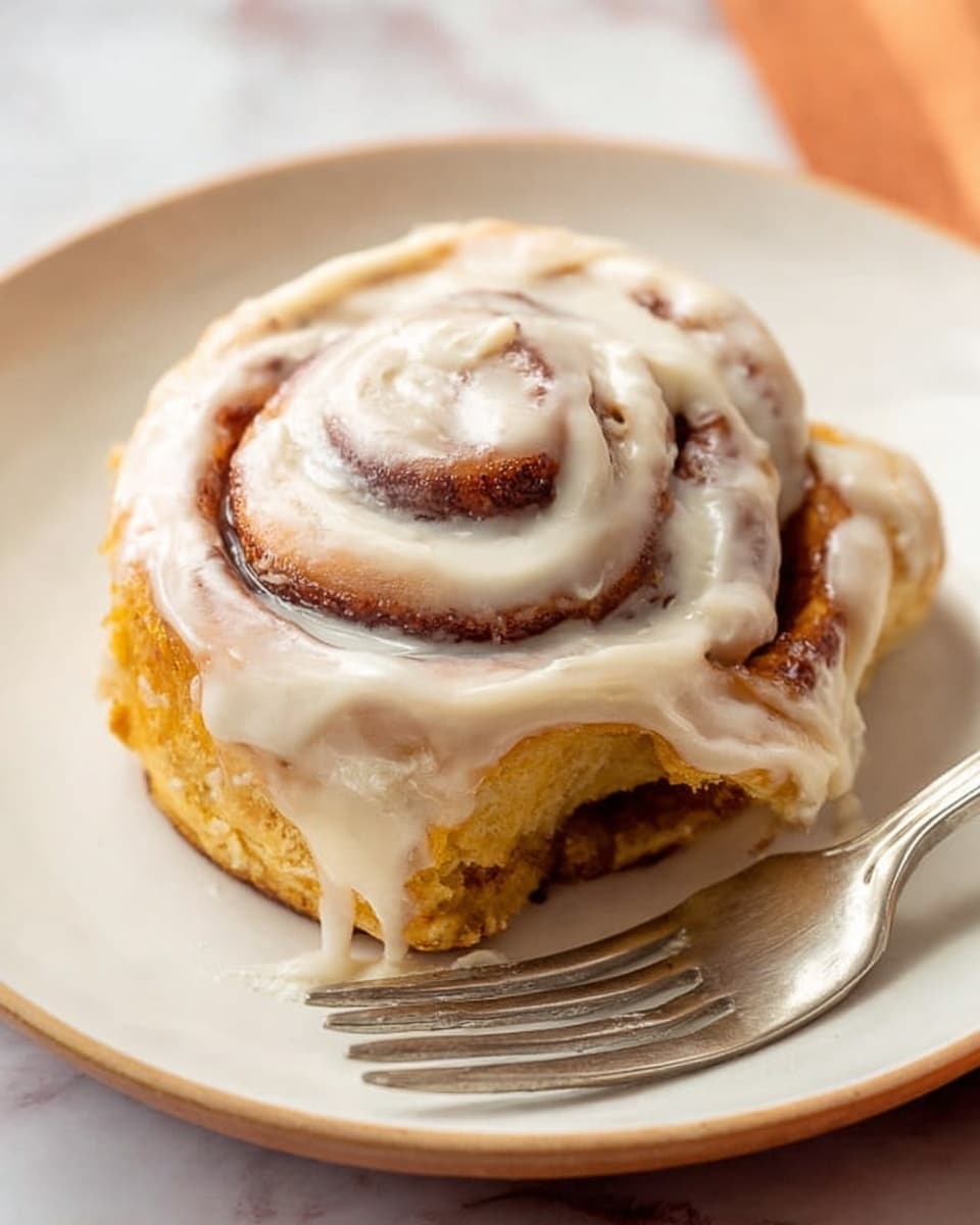 A single cinnamon roll with a soft, golden-brown spiral base is placed slightly to the left on a white round plate, topped with thick, creamy white icing that drips down the sides, covering most of the roll's surface. The cinnamon swirl inside is visible through the icing with shades of dark brown. To the right of the cinnamon roll, a silver fork lies diagonally, resting on the plate. The background is a white marbled surface. Photo taken with an iphone --ar 4:5 --v 7