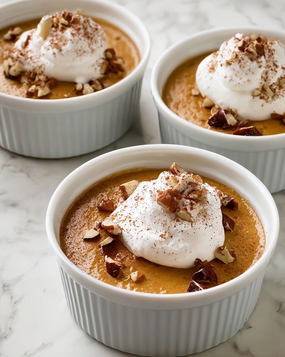 The image shows three white ramekins filled with a smooth, light brown pudding. Each pudding has a round dollop of white whipped cream sitting slightly off-center on top. Small chunks of dark brown nuts are sprinkled on the whipped cream and a light dusting of cinnamon powder is visible on both the cream and pudding. The ramekins are placed on a white marbled surface, arranged close together so that the front one is in full view and the other two are partially visible behind it. photo taken with an iphone --ar 4:5 --v 7