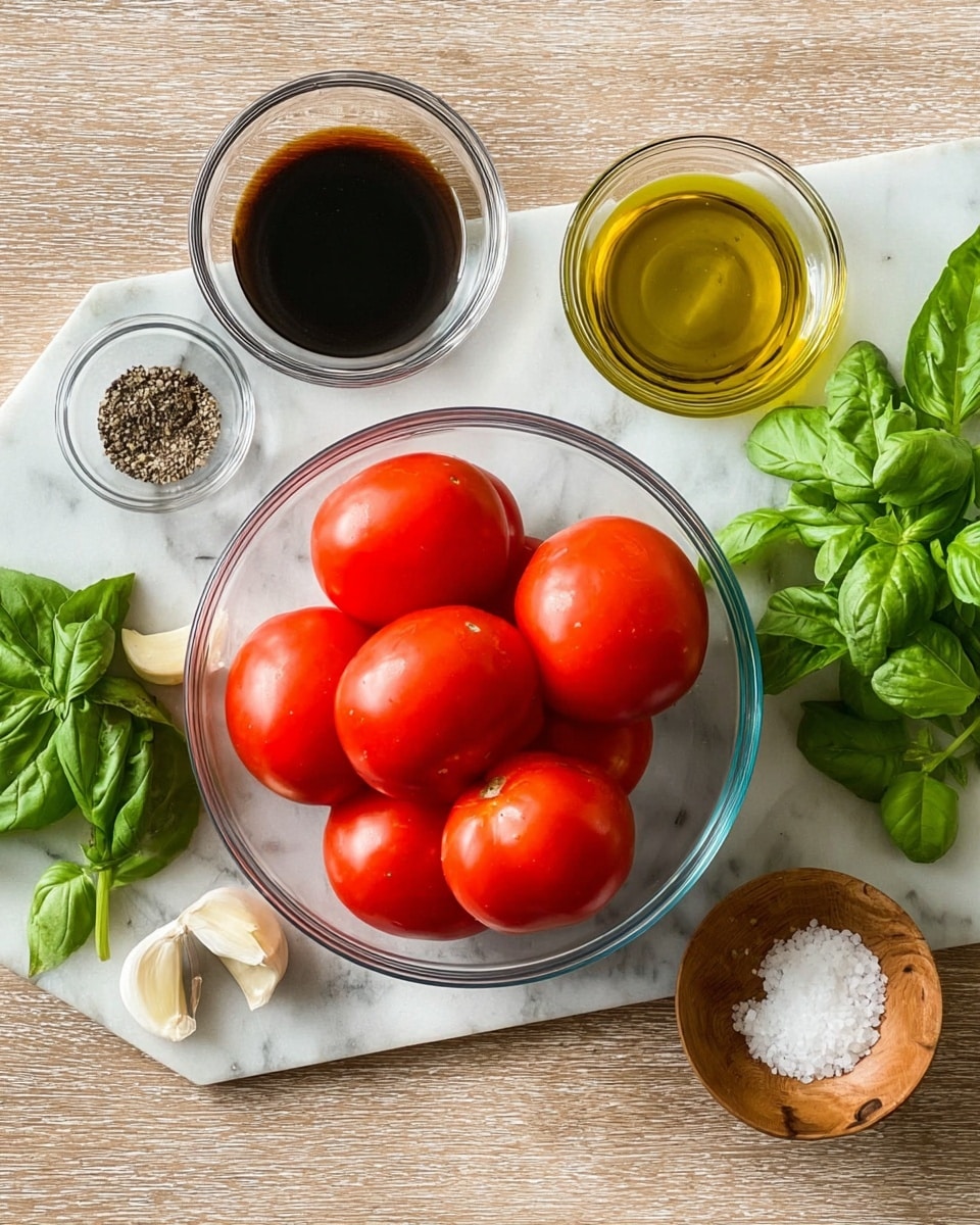 A clear glass bowl on a white marbled surface holds seven whole, bright red tomatoes with smooth skins. Below the bowl is a fresh bunch of green basil leaves with a soft texture. To the right of the bowl are three glass bowls in a vertical line: the top one has golden olive oil, the middle one has dark balsamic vinegar, and the bottom one is not visible but nearby there are four garlic cloves, a small white bowl filled with black pepper, and a small wooden bowl with white salt. Photo taken with an iphone --ar 4:5 --v 7