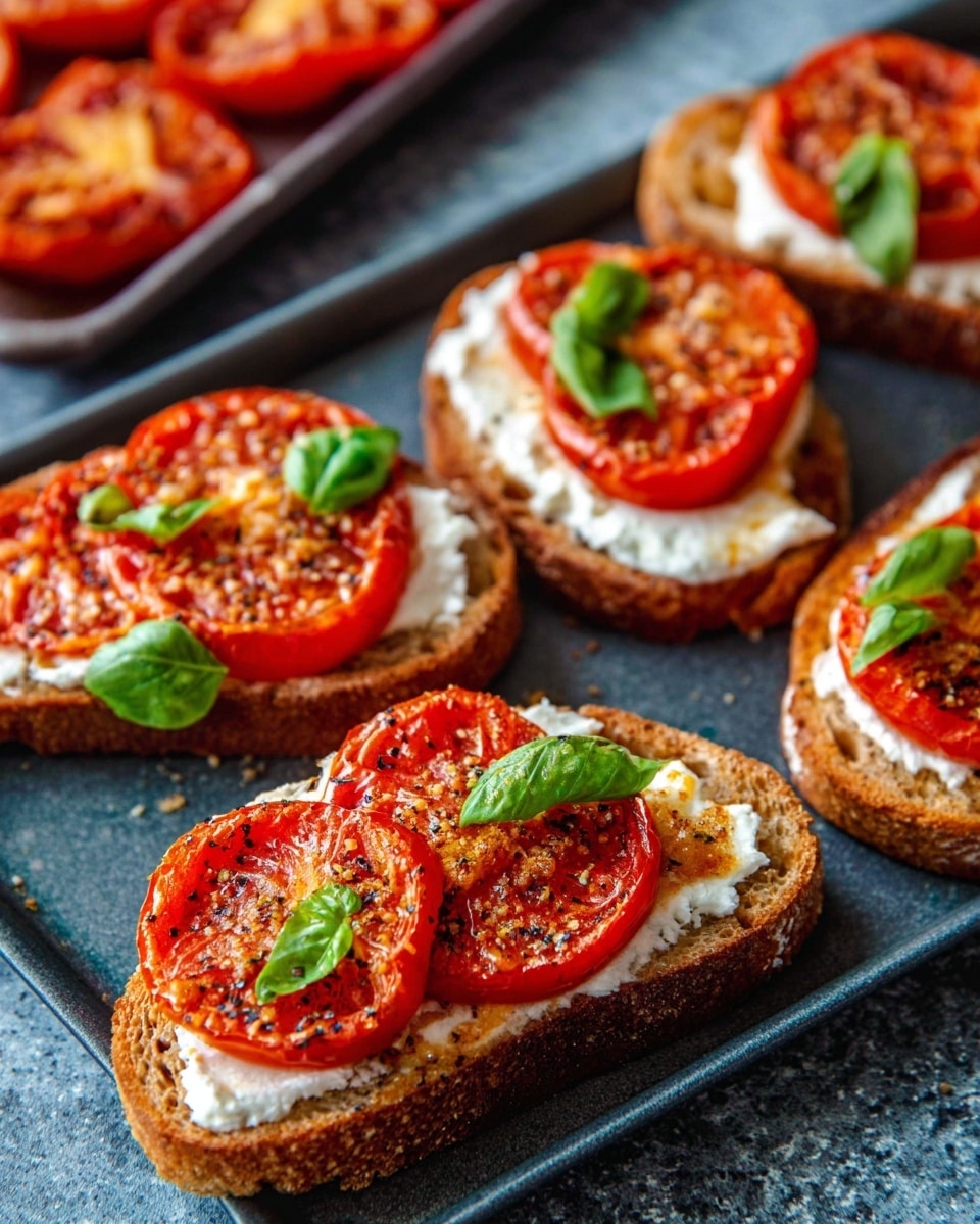 The image shows several round slices of roasted red tomatoes arranged closely on a baking tray with glistening olive oil around them. Each tomato slice has a textured top layer with melted bits of golden cheese and small black pepper specks, adding a slightly crispy look. The tomato flesh beneath is soft and vibrant red with a juicy, slightly wrinkled surface. The shiny oil pools fill spaces between the slices, creating a warm, cooked appearance on the metal tray against a white marbled background. photo taken with an iphone --ar 4:5 --v 7