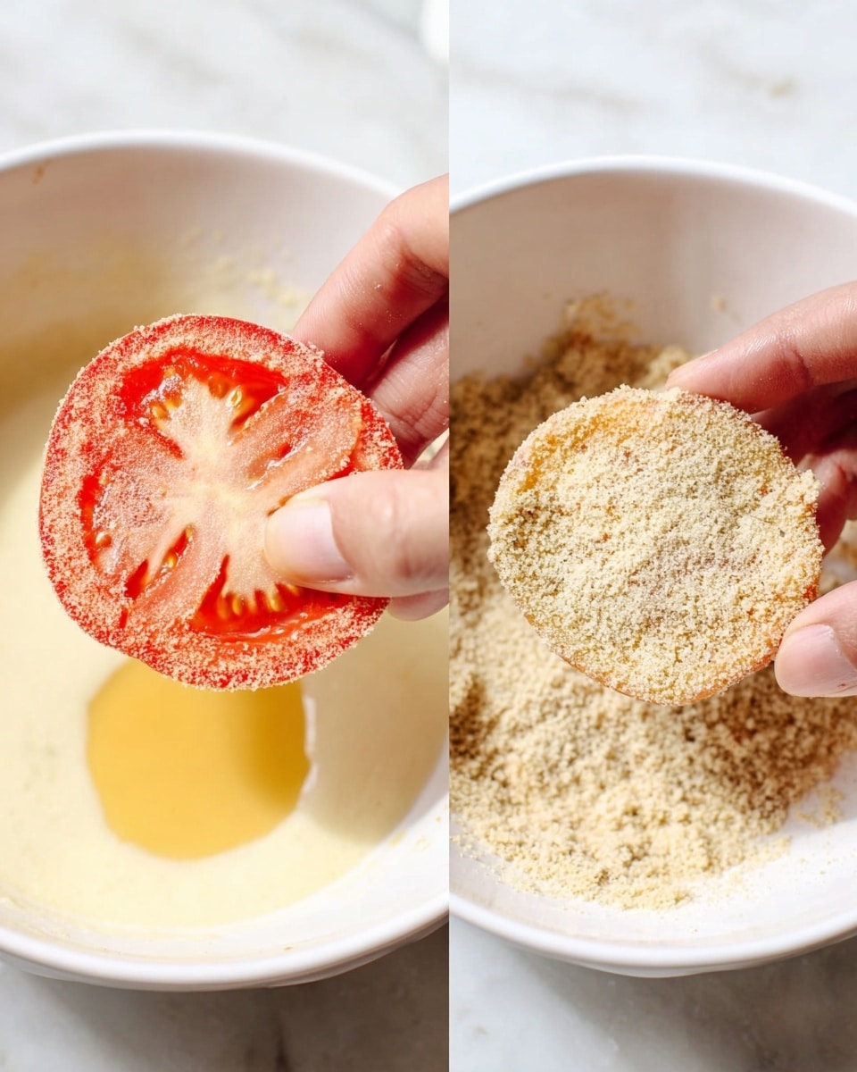 A close-up view of two images side by side on a white marbled surface showing the process of preparing tomato slices for frying. On the left, a woman's hand holds a red tomato slice coated with a smooth, pale yellow batter, with some of the batter dripping. On the right, the same woman's fingers hold a tomato slice covered in a coarse, light beige breading mixture, about to be placed in a white bowl filled with the same breading. Both bowls are white, and the scene is brightly lit. photo taken with an iphone --ar 4:5 --v 7