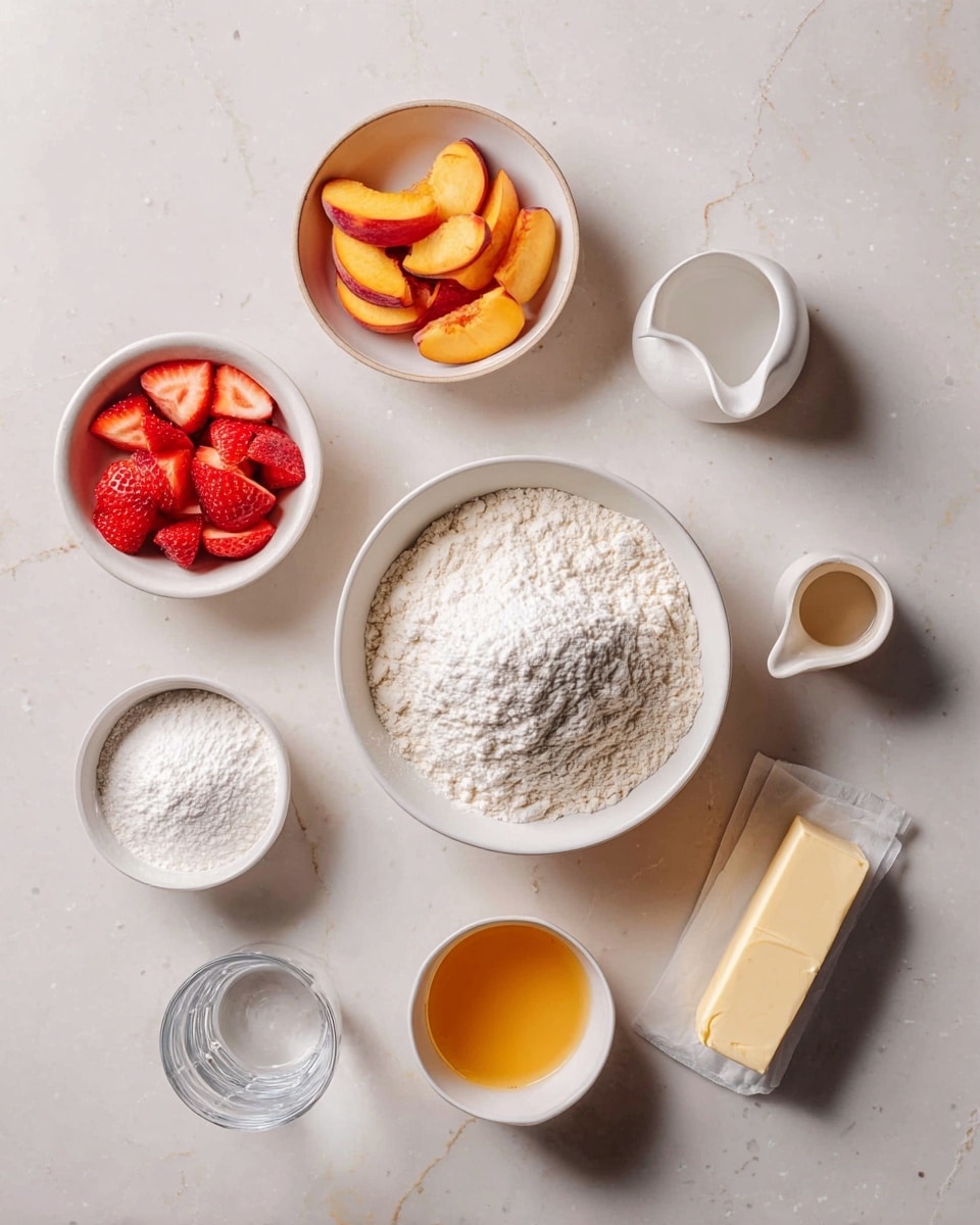 The image shows several white bowls and cups arranged on a white marbled surface. At the center is a large white bowl filled with white flour with a small mound of white powder on top. Above it, a white bowl holds sliced peaches with reddish skin and orange flesh. To the left, a white bowl contains sliced red strawberries. To the right of the flour bowl, a small white bowl has white powder inside, while a white cup with a small handle holds an orange liquid. Below the flour bowl, there is a small white bowl with a melted yellow liquid and an empty white bowl. At the lower right corner, a stick of butter wrapped in paper lies next to a clear glass of water. The setup is bright and neatly arranged. photo taken with an iphone --ar 4:5 --v 7