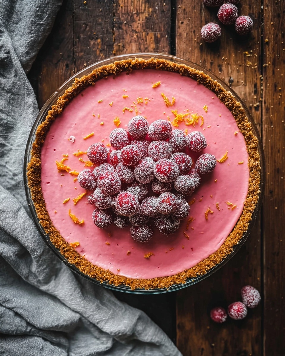 A round dessert with three layers is shown from above on a dark wooden surface. The bottom layer is a thick, crumbly brown crust that lines the edges of a clear glass pie dish. The middle layer is smooth and bright pink, filling most of the pie dish inside the crust. On top of this pink layer, there is a cluster of small, round red berries covered lightly with white sugar, scattered mainly in the center with a few more on the wooden surface around the pie. Small pieces of orange zest are sprinkled on the pink layer and some berries. The pie dish is resting partly on a light gray cloth. The photo taken with an iphone --ar 4:5 --v 7