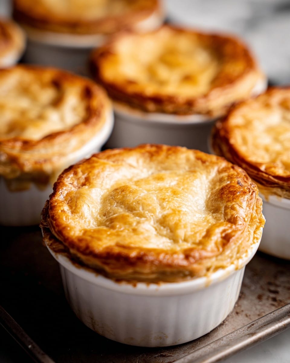 The image shows several small pies baked in white ramekins. Each pie has a golden-brown top crust that looks flaky and slightly puffed. The crust is smooth with gentle creases and some light browning around the edges, where it slightly touches the ramekin. The pies are placed close together on a dark tray, but the background is changed to a white marbled texture. The crust has a warm, inviting color with subtle shine from baking. photo taken with an iphone --ar 4:5 --v 7