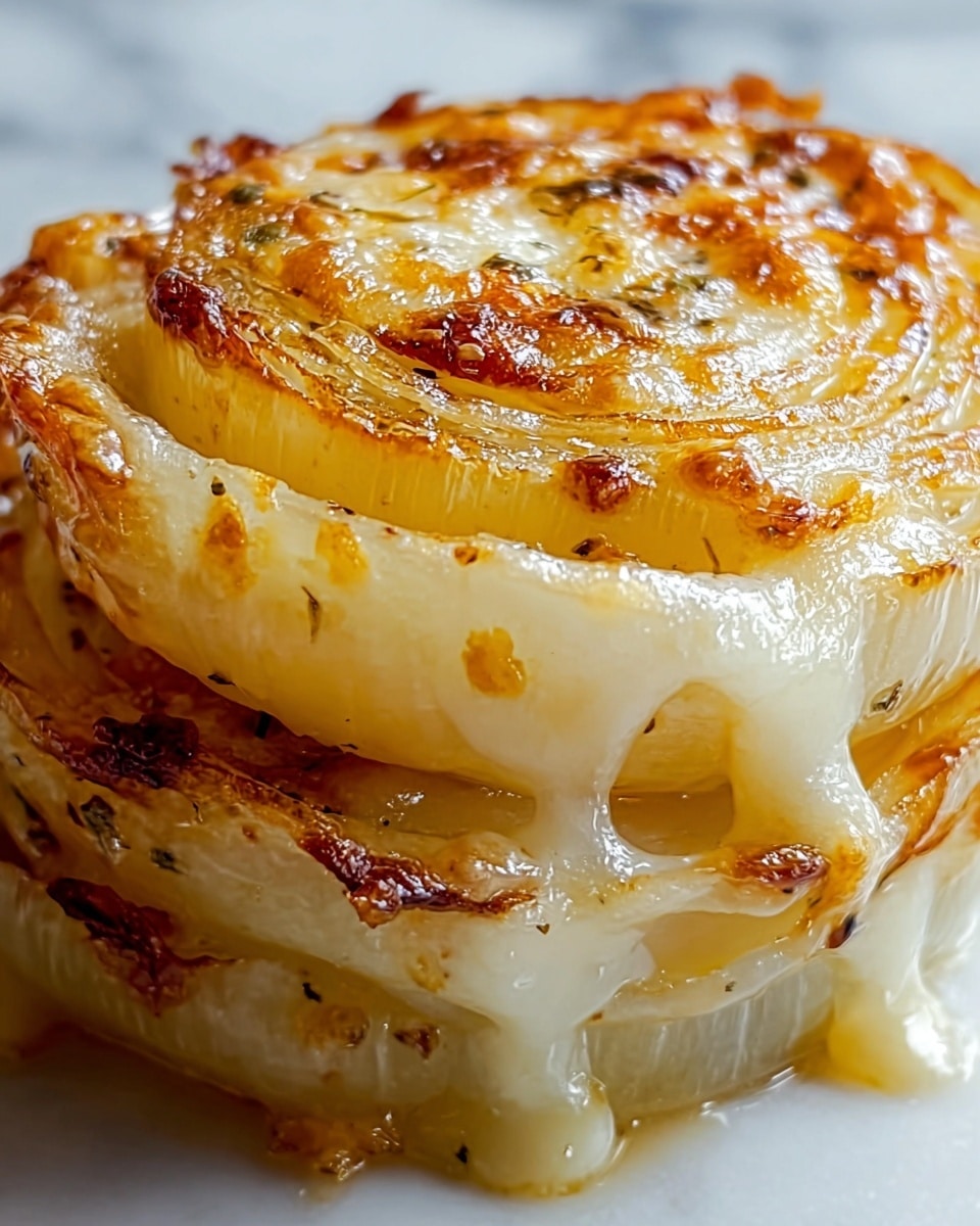The image shows a close-up view of a baked dish with multiple layers. The top layer is golden brown with a crispy, slightly bubbly texture from melted and browned cheese. Below, there are soft, translucent thin layers of what appears to be sliced potatoes, slightly yellow in color and cooked to tenderness. Between the potato layers, creamy white sauce is oozing out, adding a smooth texture. The dish has a warm, inviting color palette of golden yellow, brown, and creamy white. The surface under the dish is a white marbled texture. photo taken with an iphone --ar 4:5 --v 7