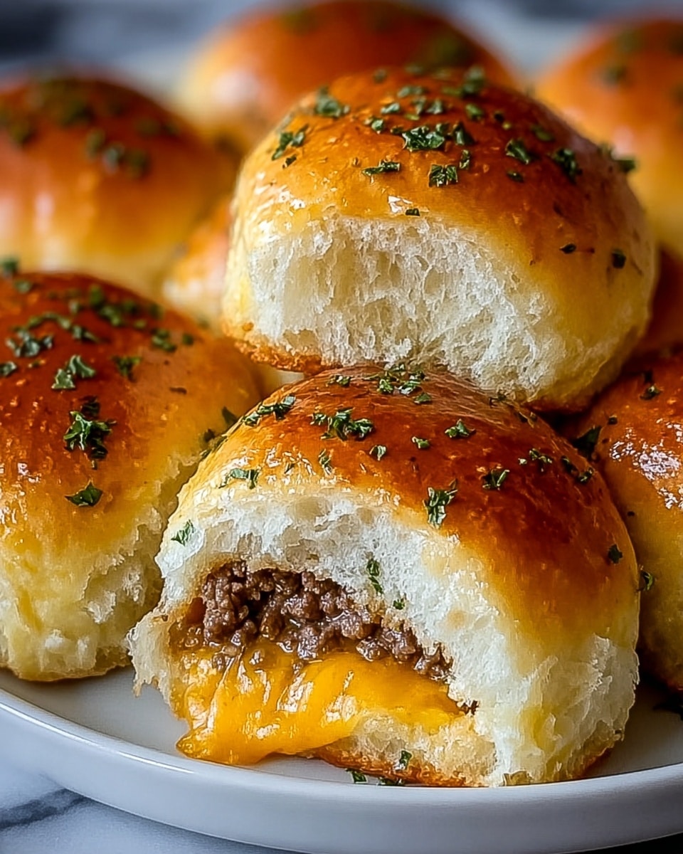 The image shows soft dinner rolls with a shiny golden brown top, each sprinkled with small green herb bits. One roll is partly open, revealing melted orange cheese and a layer of cooked ground beef inside. The bread is fluffy and white on the inside with a slightly crispy looking outer crust. The rolls are placed closely together on a white plate with a white marbled surface beneath. photo taken with an iphone --ar 4:5 --v 7