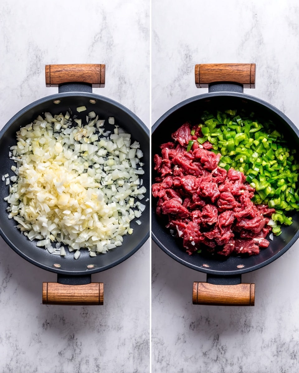 The image shows two black pans with wooden handles placed side by side on a white marbled surface. The left pan contains one layer of finely chopped onions and garlic, white and light yellow in color, spread evenly across the pan's bottom. The right pan has three distinct layers: finely chopped onions and garlic on the left side, bright red chunks of raw meat placed on top of the onion layer in the center, and a layer of chopped green peppers on the right side, all sitting neatly side by side. The pans have a round shape with slightly raised edges and a smooth interior surface. Photo taken with an iphone --ar 4:5 --v 7
