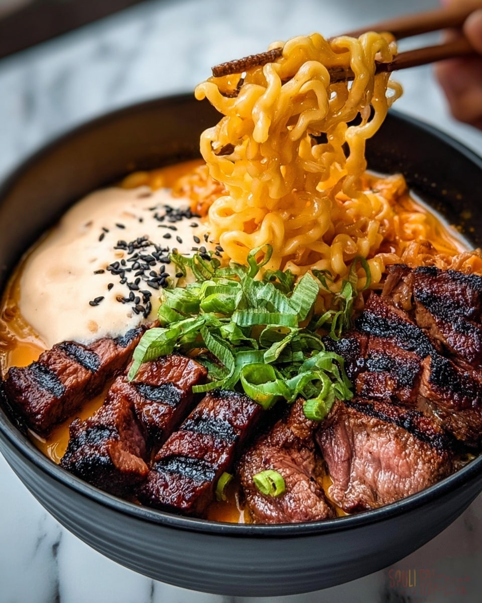 A black bowl filled with curly yellow noodles in an orange broth sits on a white marbled surface. On one side of the bowl, there are juicy grilled pieces of dark brown meat with char marks, accompanied by sliced grilled meat with a pink center and seared edges. Next to the meat, there is a thick, creamy light beige sauce topped with black sesame seeds. Fresh chopped green onions are sprinkled on top near the sauce. A woman's hand with chopsticks lifts some noodles from the bowl, showing their springy texture. photo taken with an iphone --ar 4:5 --v 7