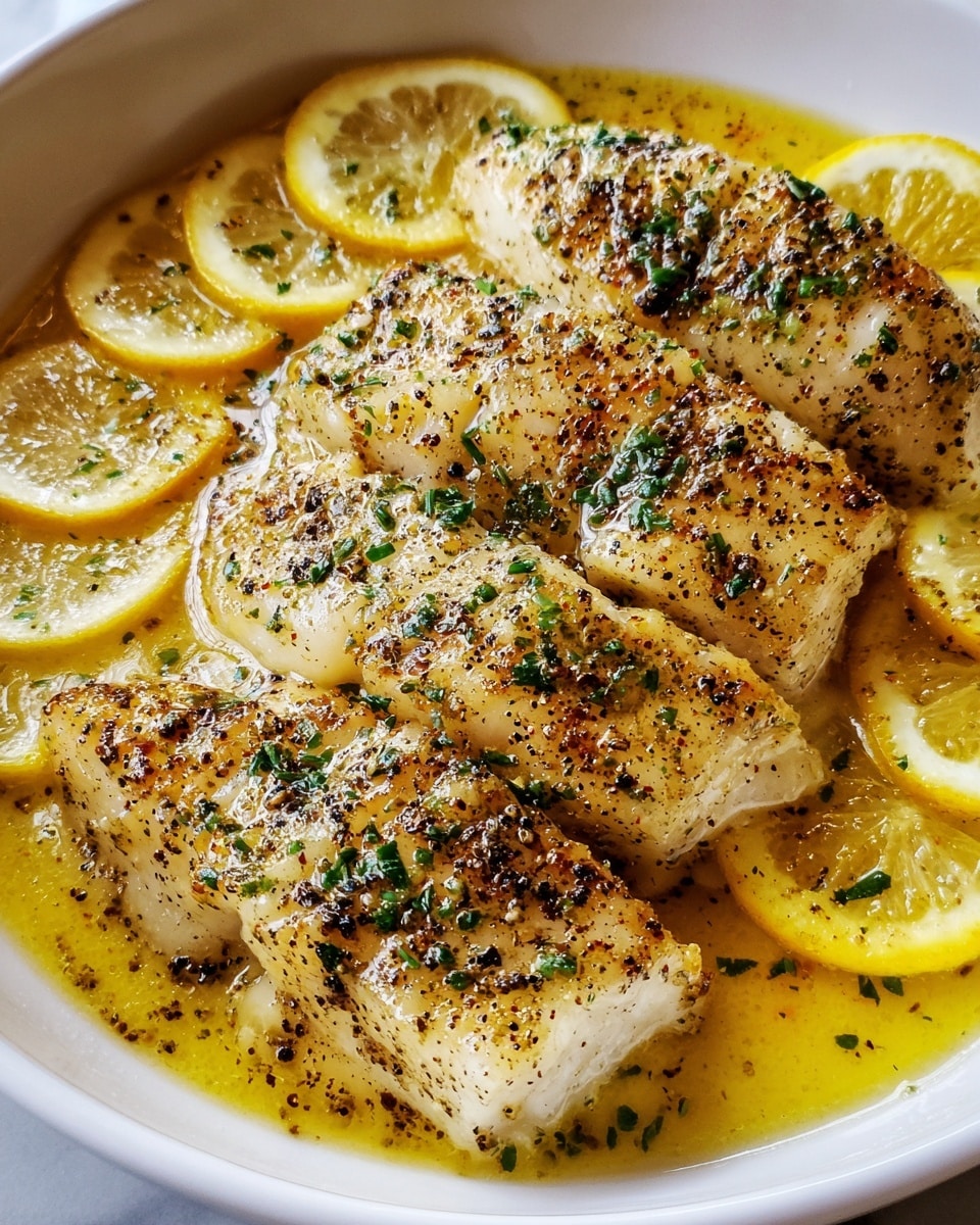 A close-up view of a white plate filled with four pieces of cooked fish fillets, each seasoned with black pepper and finely chopped green herbs. The fish pieces are laid side by side in a shallow pool of golden yellow sauce that looks rich and oily. Bright yellow lemon slices are placed around the fish, partially on top, adding a fresh color contrast. The plate sits on a white marbled surface, bright and clean, making the dish look fresh and appetizing. photo taken with an iphone --ar 4:5 --v 7