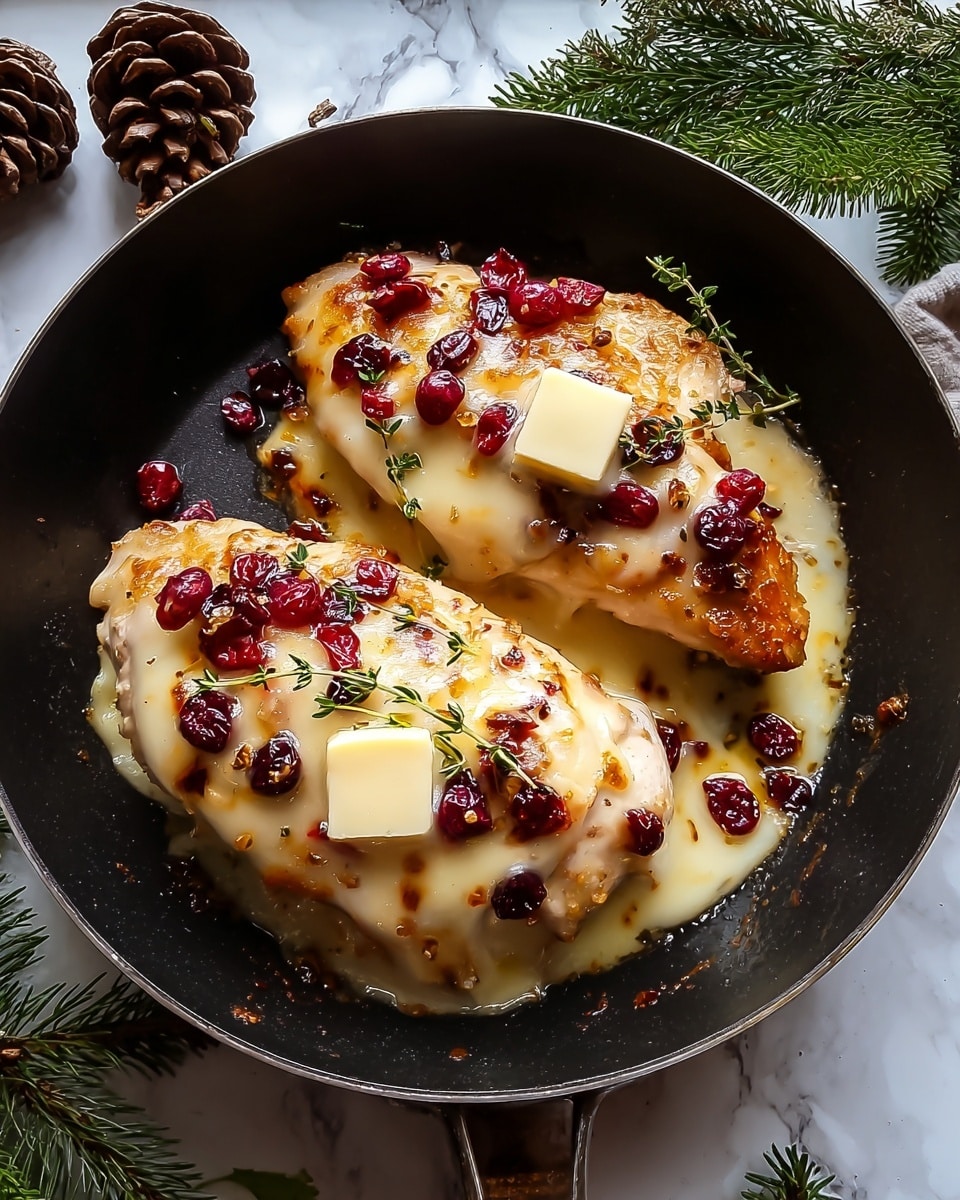 The image shows several light golden browned chicken fillets cooked in a pan. One fillet is lifted with a wooden spatula, revealing a stuffed inside layer made of melted light cream cheese, dark green spinach, and pieces of deep red dried cranberries. The chicken’s surface is seasoned with black pepper and fresh small green herbs scattered on top. The pan has a gentle sauce with a creamy texture underneath the chicken fillets. The whole scene is set on a white marbled surface. photo taken with an iphone --ar 4:5 --v 7