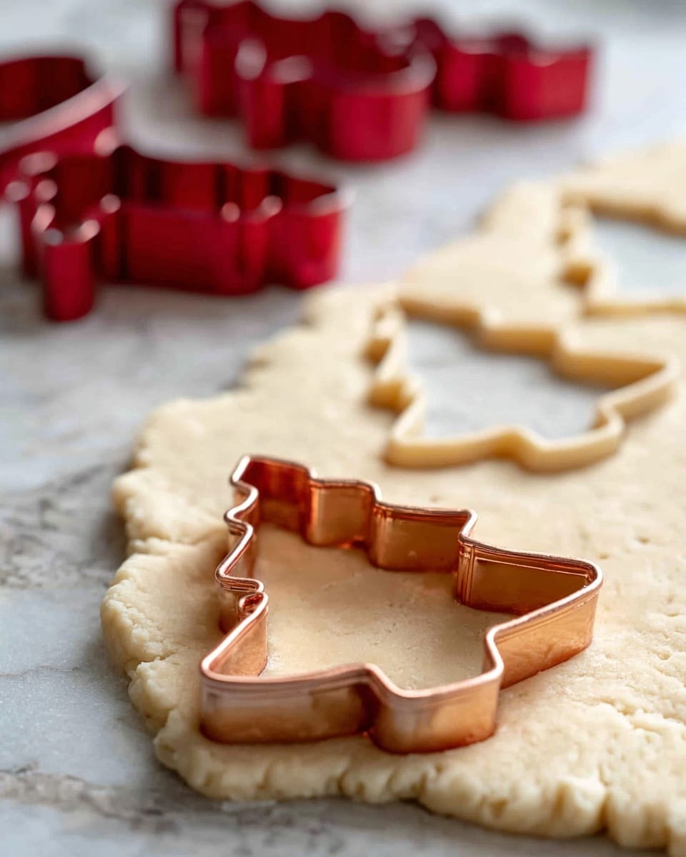A piece of light beige dough rolled flat on a white marbled surface with cookie shapes cut into it, featuring a small copper-colored cookie cutter shaped like a Christmas tree pressing into the dough in the foreground. The dough has a smooth, slightly crumbly texture, and the cookie shapes are clearly defined with clean edges. In the blurred background, red cookie cutters rest on the white marbled surface, adding a festive touch to the scene. Photo taken with an iphone --ar 4:5 --v 7