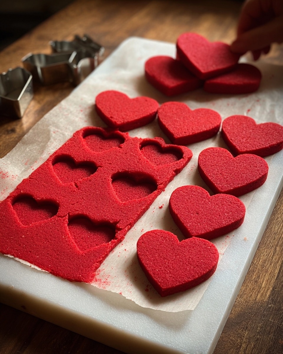 A close-up view of bright red heart-shaped cookies on a white cutting board placed on a wooden countertop with a white marbled texture in the background. The cookies are freshly cut from a red dough sheet on parchment paper, showing several heart-shaped holes where the dough has been removed. More heart cookies are lined up neatly in front of the cutting board in two rows. A woman's hand is visible near the top edge, working with the dough. Small silver cookie cutters are resting on the left side, next to the cutting board. The scene has warm lighting and shows texture details in the dough and cookies. photo taken with an iphone --ar 4:5 --v 7