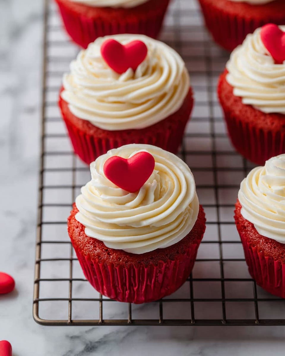 The image shows several red cupcakes arranged on a cooling rack placed on a white marbled surface. Each cupcake has one layer of bright red cake, topped with a thick, swirled layer of smooth, white frosting. On top of each frosting swirl sits a small, red heart-shaped decoration, centered perfectly. The frosting is piped in neat, round ridges with a small swirl in the middle under the heart. The scene looks clean and bright, with the white marbled background softly visible around the rack, and the focus is on the cupcakes' contrasting red and white colors. photo taken with an iphone --ar 4:5 --v 7