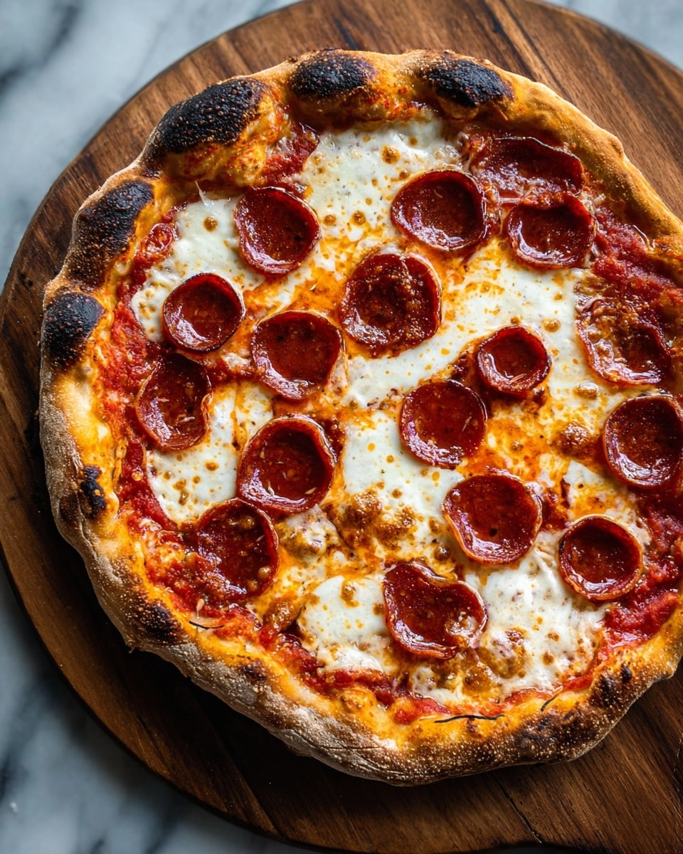 A pepperoni pizza with a golden-brown crust that has some dark charred spots around the edges, placed on a wooden pizza peel. The pizza has three layers: a base layer of bright red tomato sauce spread evenly close to the crust, a thick middle layer of melted white cheese with light golden brown spots where it has cooked, and a top layer of round, shiny, dark red pepperoni slices scattered evenly. The crust appears thick and puffed up in places with a slightly rough texture. The background is edited to a white marbled texture. photo taken with an iphone --ar 4:5 --v 7