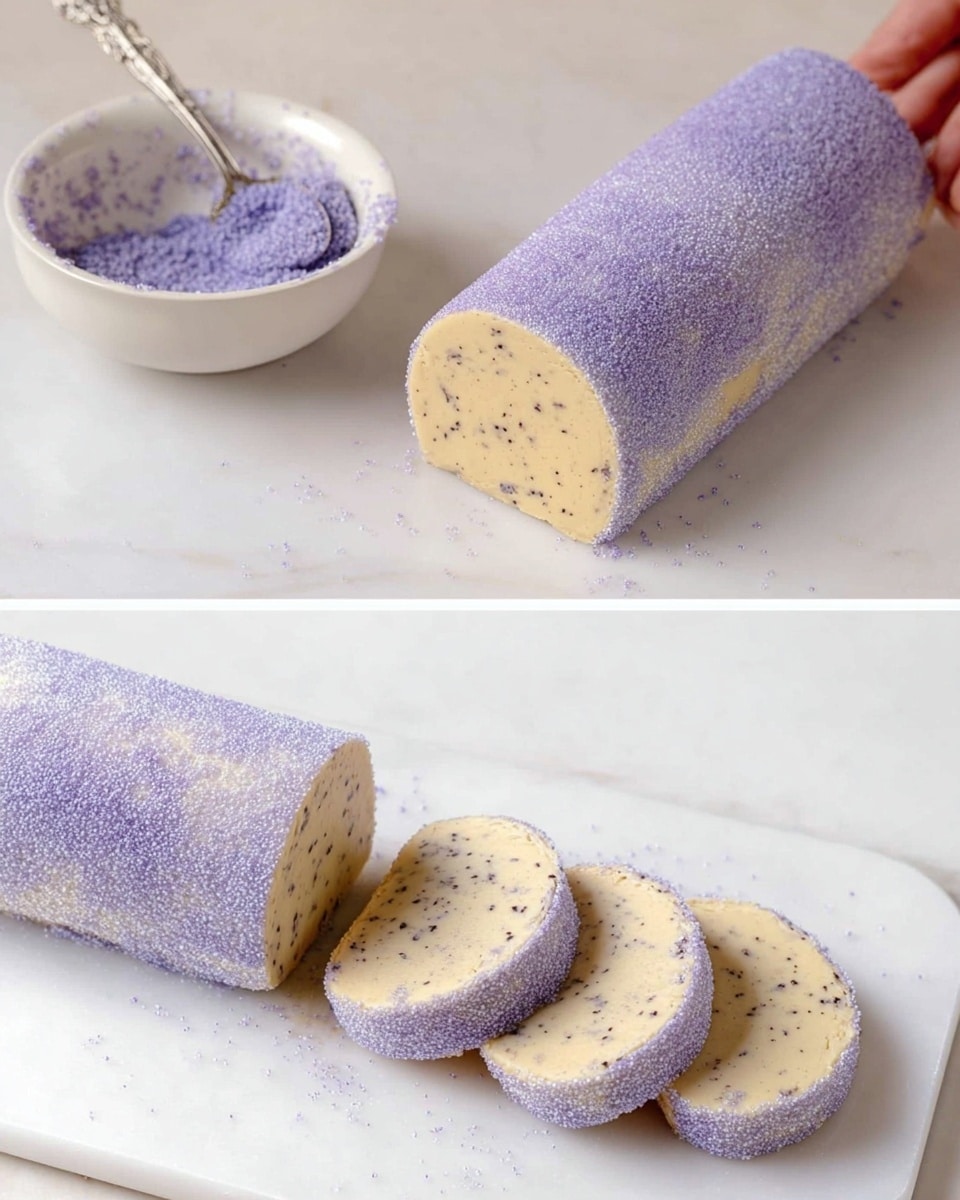 The image shows a cookie dough log covered in light purple sugar crystals on a white marbled surface, with a woman's hand holding a spoon nearby, and a white bowl filled with the same purple sugar in the background. The dough is light beige and smooth, shaped into a cylinder covered evenly with the sugar crystals on top and around the sides. In the second part, the dough log is sliced into thick circular pieces showing the inside dotted with small dark specks, placed on a white cutting board on the same white marbled surface. Photo taken with an iphone --ar 4:5 --v 7