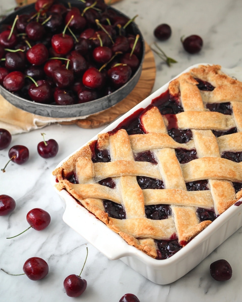 A white rectangular ceramic dish filled with a golden-brown lattice cherry pie, showing thick strips of baked crust arranged in a woven pattern on top. Dark red cherry filling bubbles out around the edges and through small gaps in the lattice, with a slightly glossy and thick texture. To the left of the dish, a metal bowl full of fresh dark red cherries, some with stems and leaves, sits on a white marbled surface with more cherries scattered around it. Photo taken with an iphone --ar 4:5 --v 7