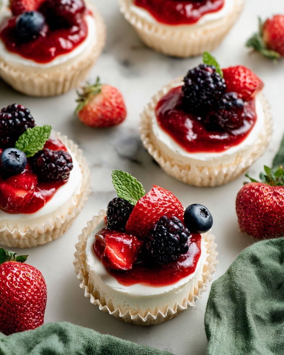 The image shows small dessert cups with three distinct layers: the base looks like a light beige, crinkled paper cup; inside, there is a thick, smooth white cream layer topped with bright red strawberry sauce; on top of the sauce, fresh fruits are placed with different colors—red strawberries, dark purple blackberries, and a couple of small blueberries. Some cups have a small green mint leaf on the side. The cups are placed on a white marbled texture surface with a green cloth and some fresh strawberries scattered around. Photo taken with an iphone --ar 4:5 --v 7