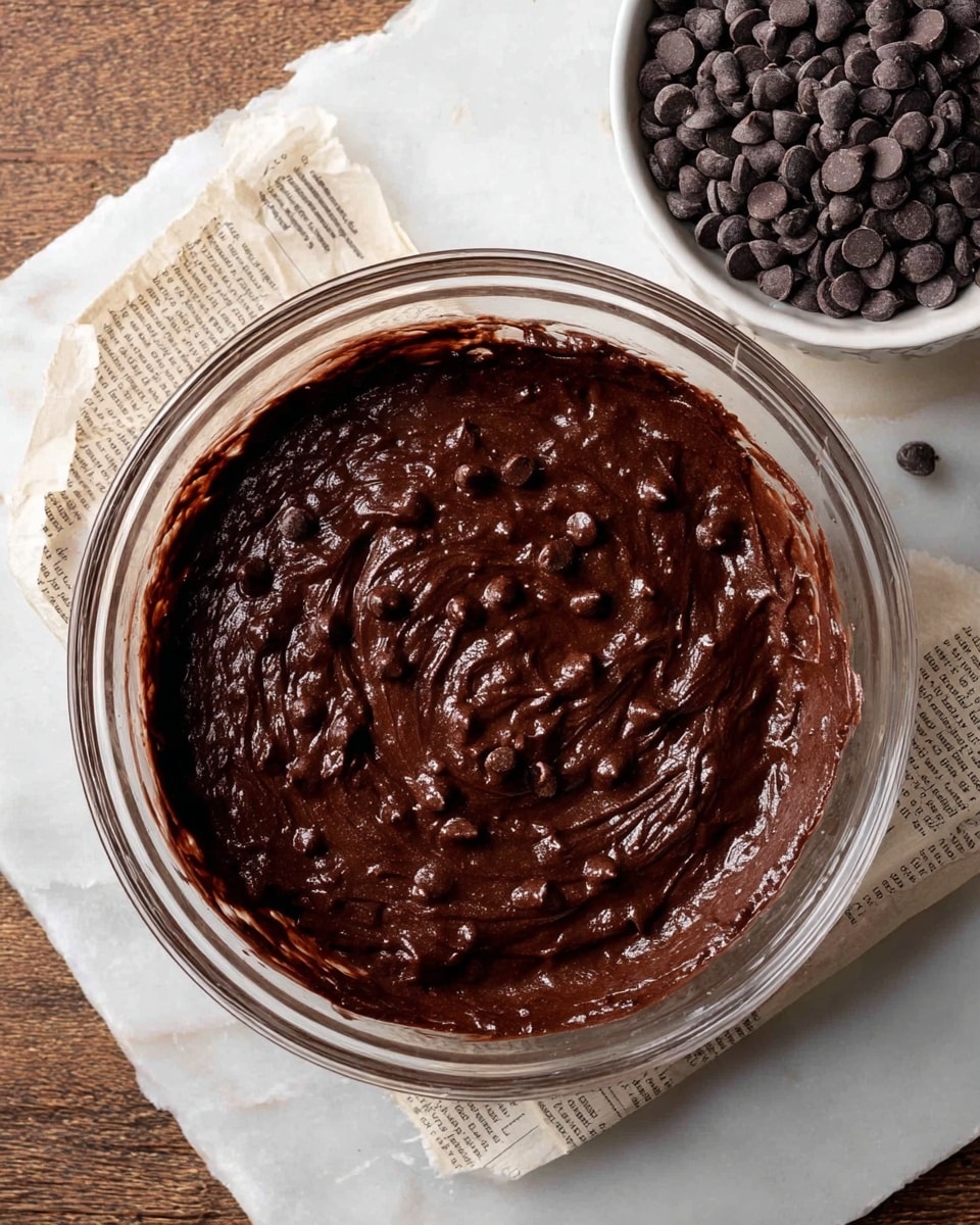 A clear glass bowl filled with thick, dark brown chocolate batter with small chocolate chips mixed in, giving it a slightly bumpy texture. The batter covers the whole inside of the bowl evenly, with a few swirls and ridges visible on the surface. To the right, a white bowl with many small dark chocolate chips sits on torn paper with printed text, all placed on a white marbled texture. Photo taken with an iphone --ar 4:5 --v 7