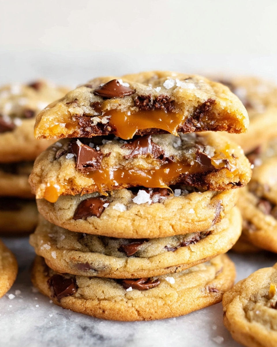 The image shows six soft chocolate chip cookies stacked on a white marbled surface. The top cookie is broken in half, revealing a gooey caramel layer inside with a golden-brown color and smooth texture. The cookies have a light golden color with scattered dark chocolate chips on the surface and a few flakes of white sea salt sprinkled over them. The cookies look thick and chewy, with a slightly crispy edge. Photo taken with an iphone --ar 4:5 --v 7