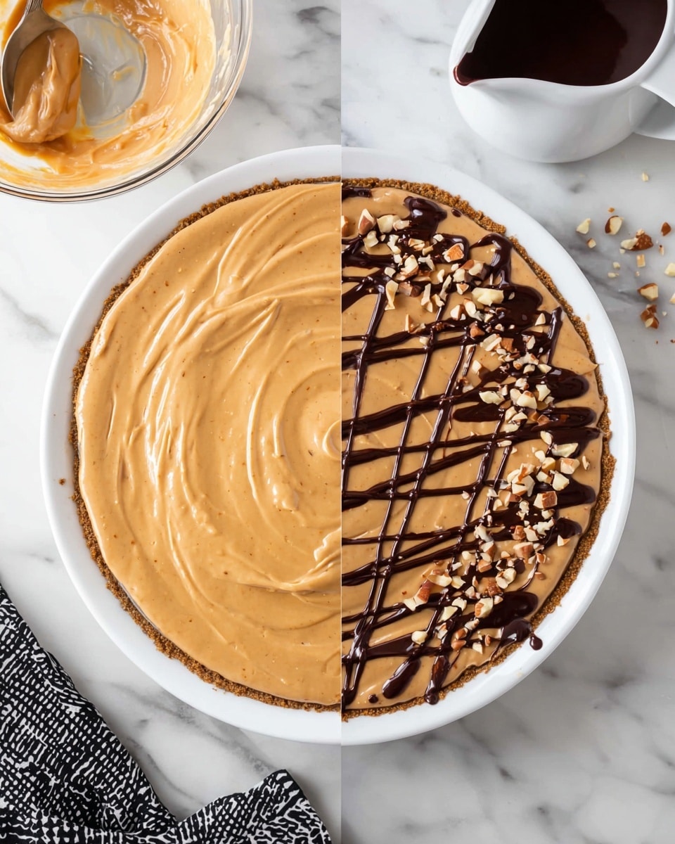 The image shows a round white plate with a smooth, creamy light brown layer spread evenly on top of what looks like a pie crust. The left half of the pie is plain with the spread showing some swirls and texture from spreading, while the right half is decorated with a dark chocolate drizzle in a criss-cross pattern. Small pieces of chopped nuts are scattered over the chocolate drizzle on the right side. Behind the plate, there is a clear glass bowl with some of the light brown spread inside and a white pitcher with dark chocolate sauce, all set on a white marbled surface. A black and white patterned cloth is partly visible near the bottom left corner. Photo taken with an iphone --ar 4:5 --v 7