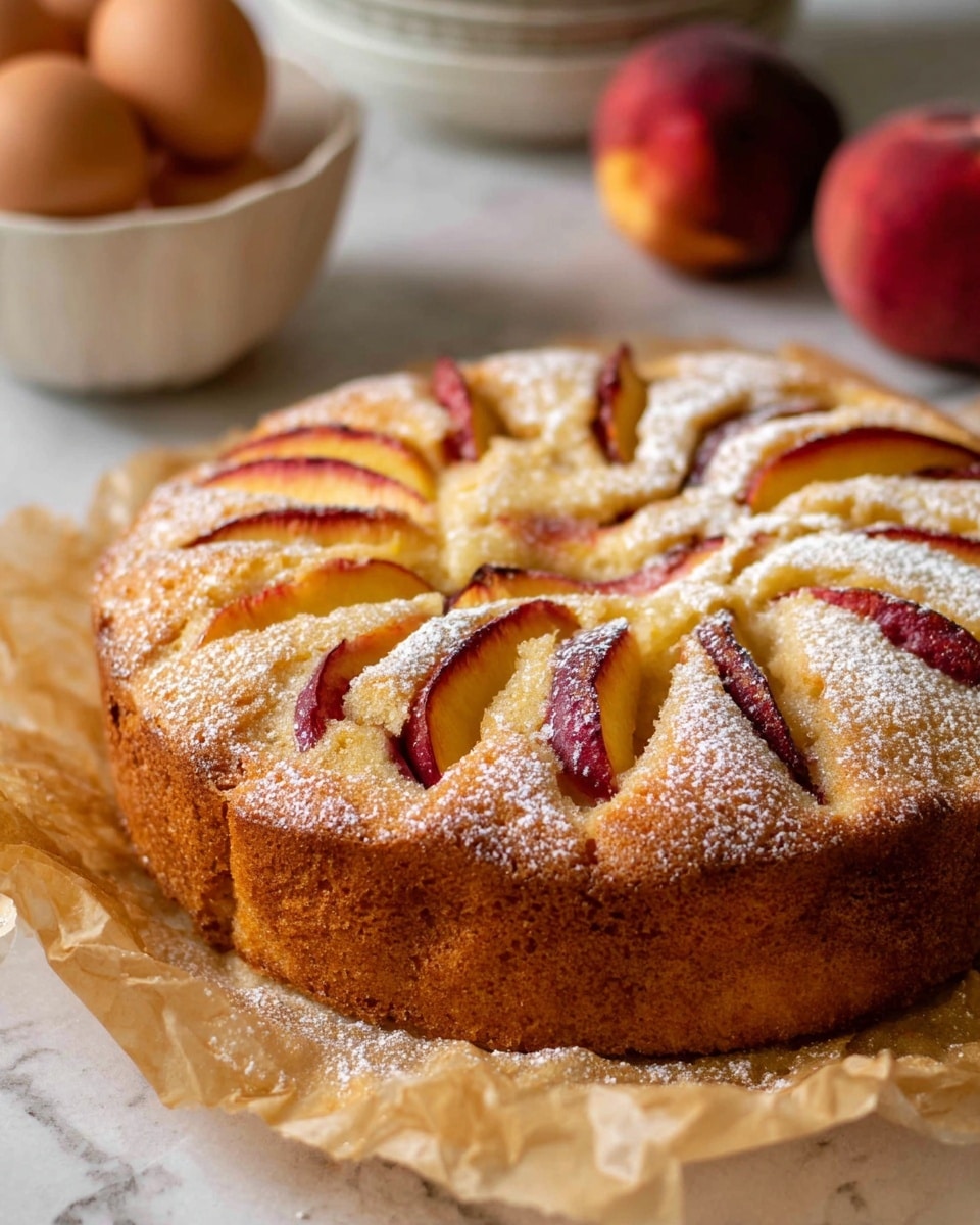 A round, golden brown cake sits on crumpled parchment paper, topped with thin slices of red and yellow peach arranged in a sunburst pattern, the peach slices partially embedded in the soft cake layer. The top layer of the cake has a light dusting of powdered sugar that adds a delicate white texture. The cake rests on a white marbled surface, with a blurred peach and a white bowl filled with brown eggs in the soft background. The edges of the cake are slightly raised and firm, giving it a homemade look. photo taken with an iphone --ar 4:5 --v 7