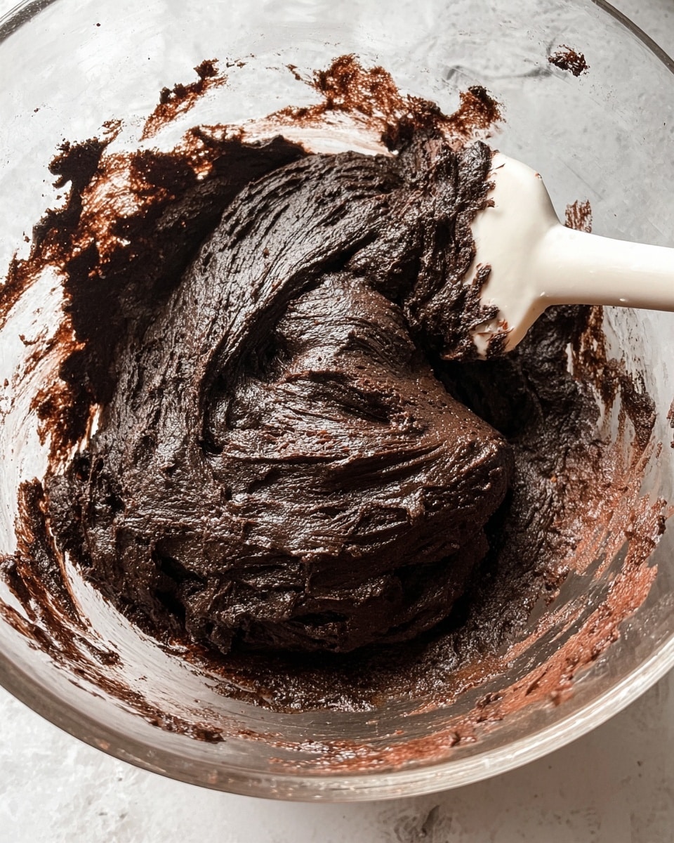 A close-up view of a thick, dark chocolate dough mixture in a clear glass bowl, showing a rich texture with folds and slight shine. A white spatula coated with dark chocolate dough is resting inside the bowl on the right side. The dough clings to the bowl edges with some spots of dough scattered around. The background surface is a white marbled texture. photo taken with an iphone --ar 4:5 --v 7