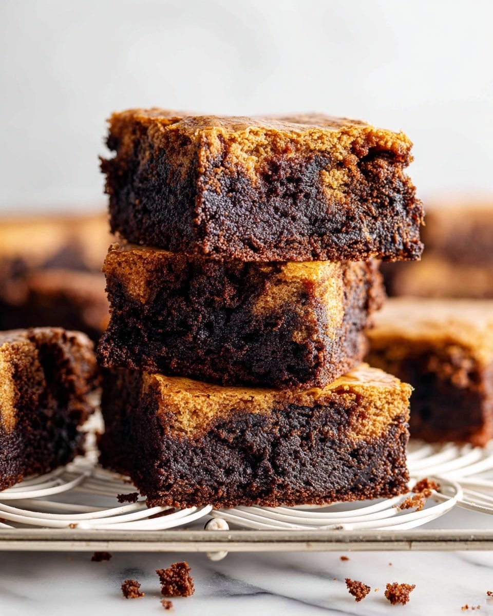 The image shows a stack of three thick brownies on a white wire cooling rack with swirled metal patterns. Each brownie has two visible layers: a darker, rich chocolate base with a rough and slightly crumbly texture, and a lighter, golden-brown top layer that looks slightly crisp. The brownies have uneven edges and some cracks on the surface, showing their softness inside. Around the rack, there are small crumbs scattered on a white marbled surface. In the background, more brownies are slightly visible, out of focus. photo taken with an iphone --ar 4:5 --v 7