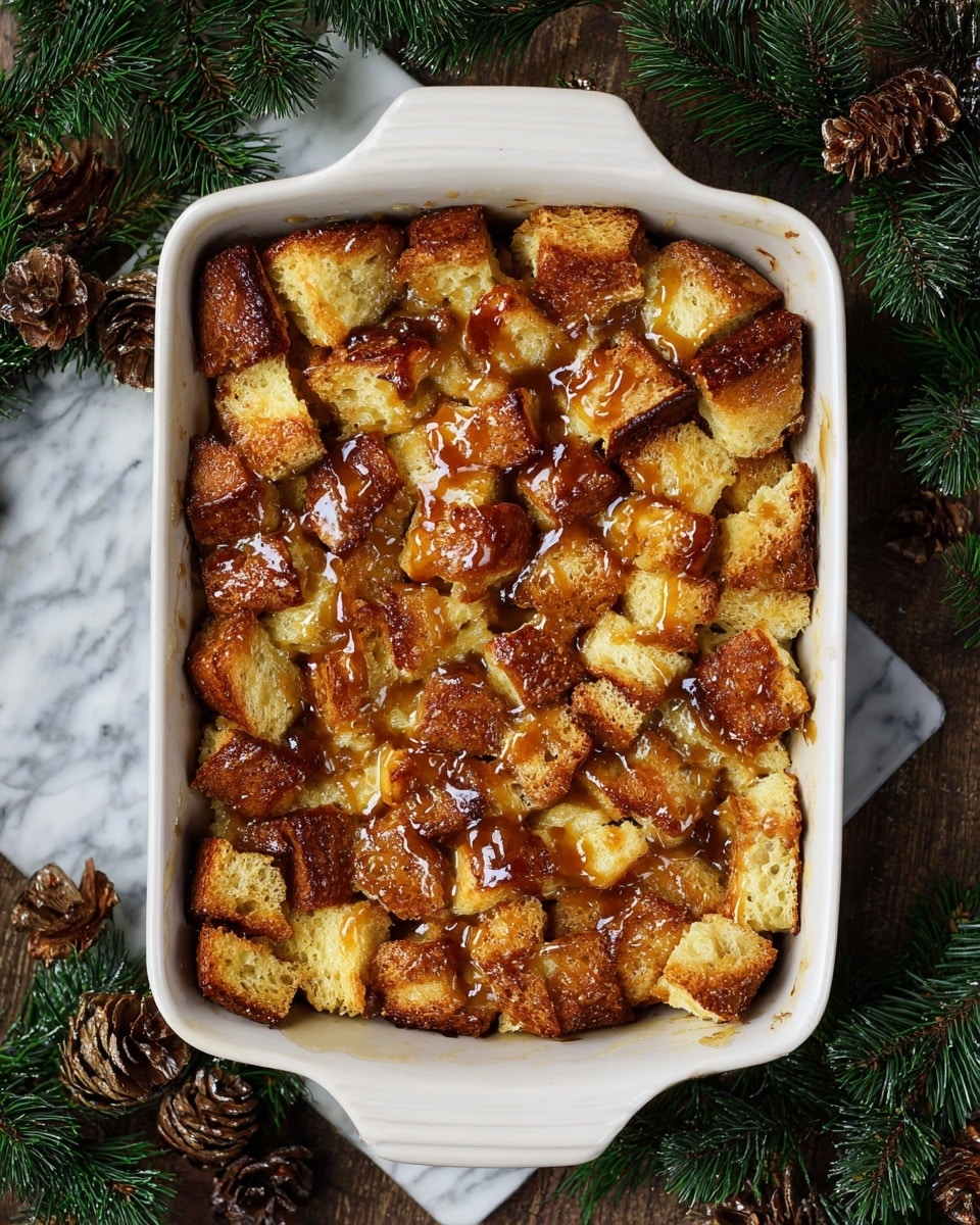 A square white ceramic baking dish filled with a single layer of golden-brown bread pieces. The bread pieces are irregularly shaped, toasted and slightly crispy on the edges, with a rich caramel glaze drizzled unevenly over the top, creating shiny dark amber patches. The dish sits on a white marbled surface, surrounded by green pine branches and pine cones, adding a festive, cozy feel. photo taken with an iphone --ar 4:5 --v 7